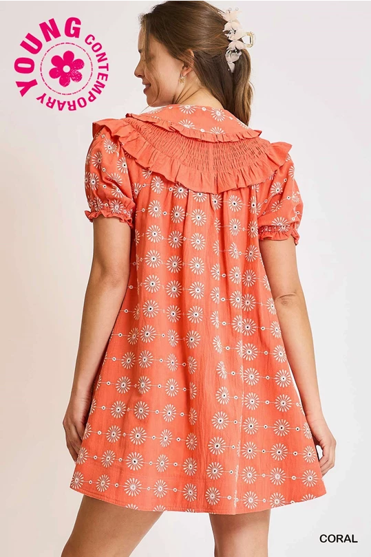 Coral Vintage-Inspired Ruffle Collar Mini Dress