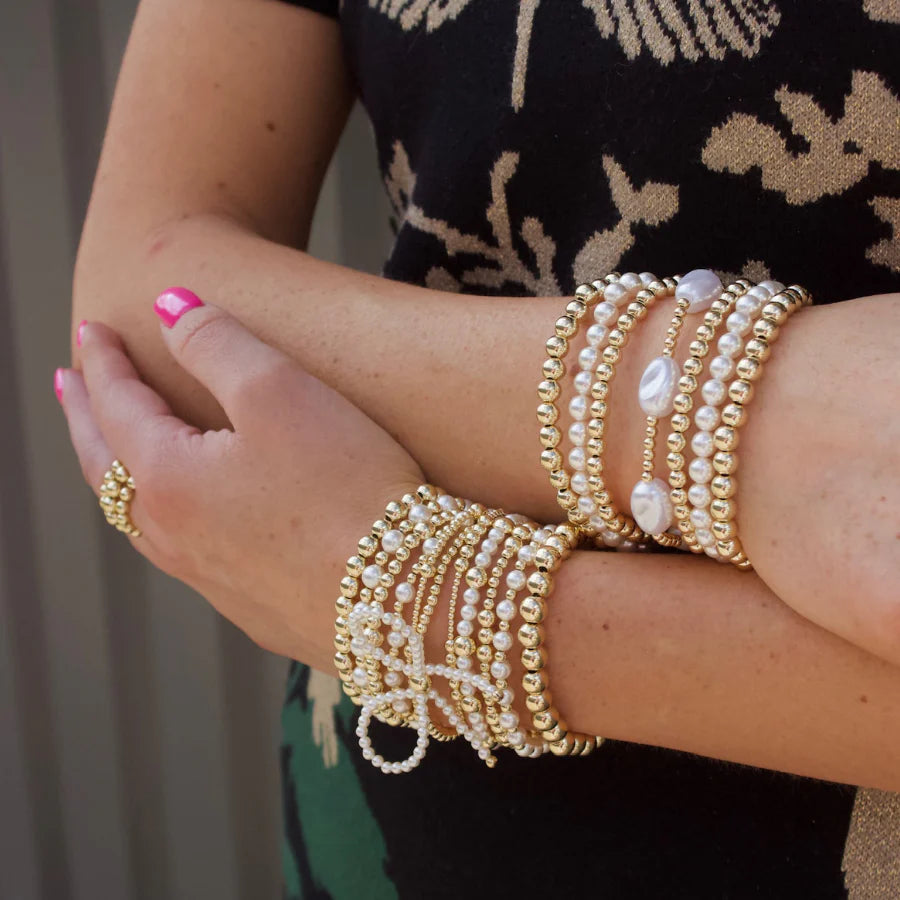 Classic 3mm Gold Filled and 8mm Glass Pearl Beaded Pattern Bracelet