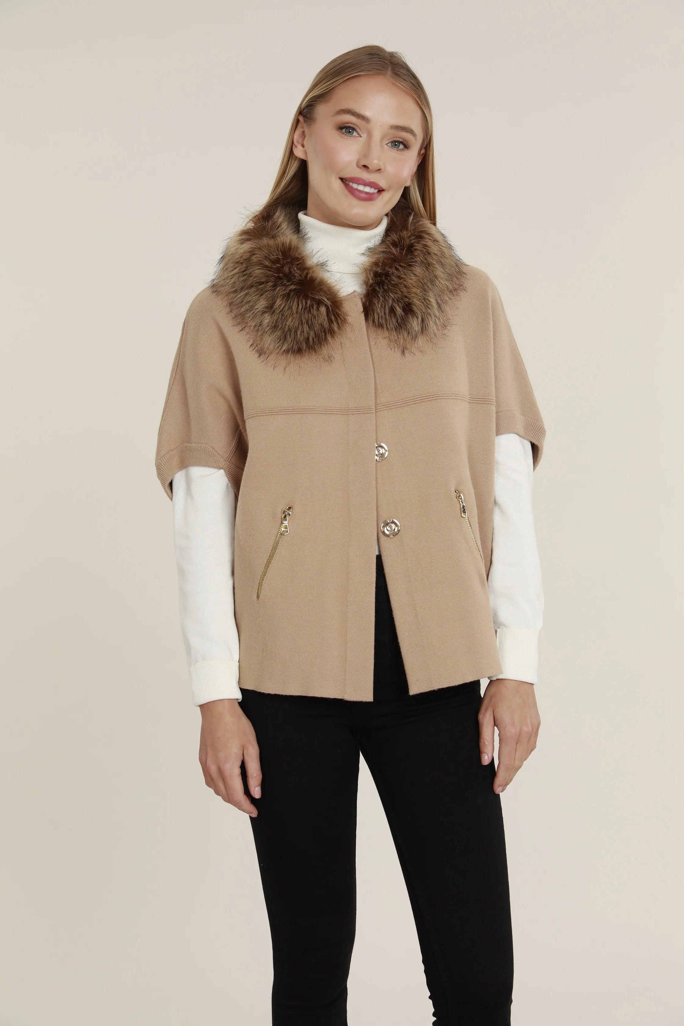 Faux Fur Collar Short Sleeve Cardigan- Camel