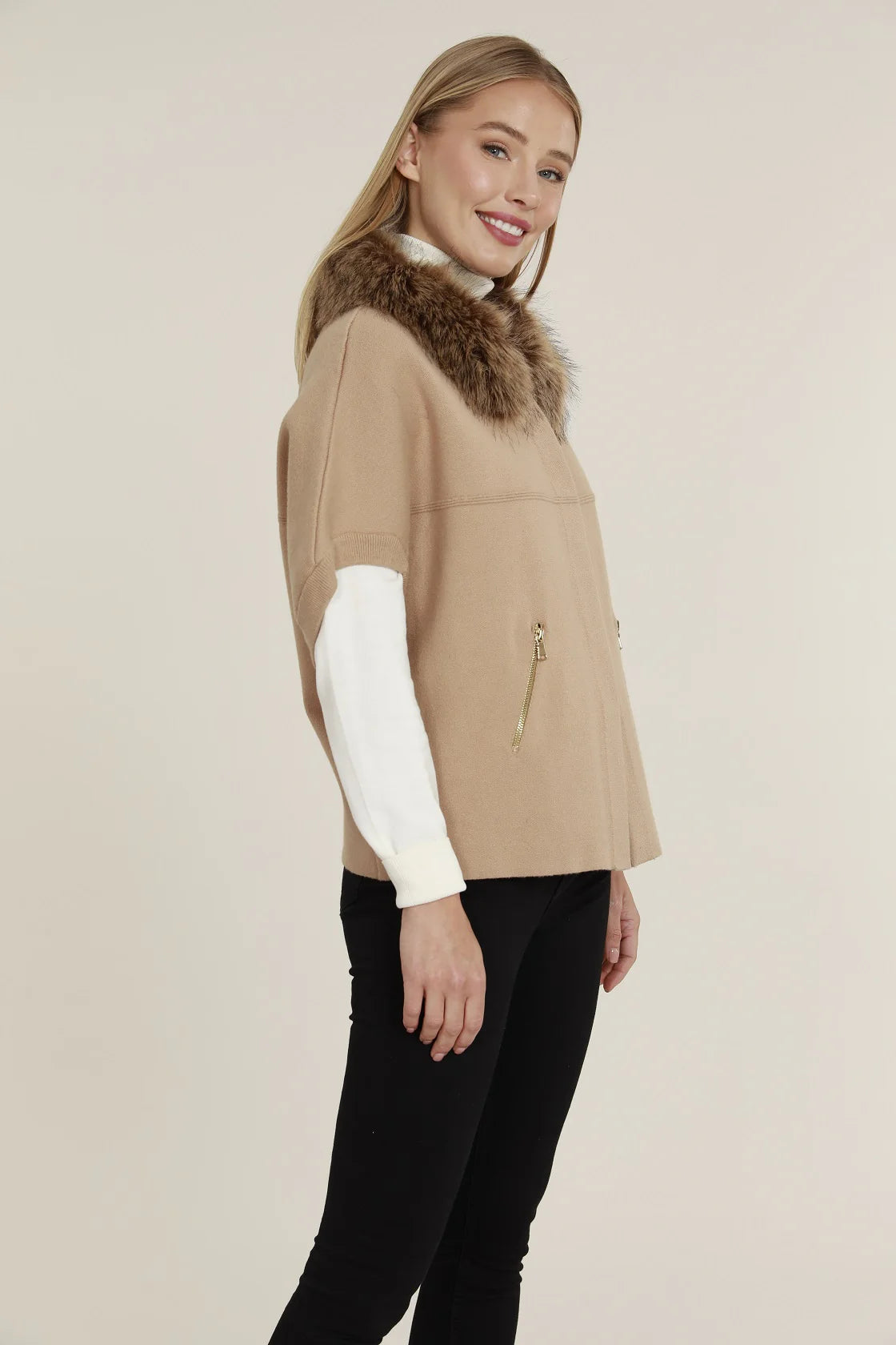Faux Fur Collar Short Sleeve Cardigan- Camel