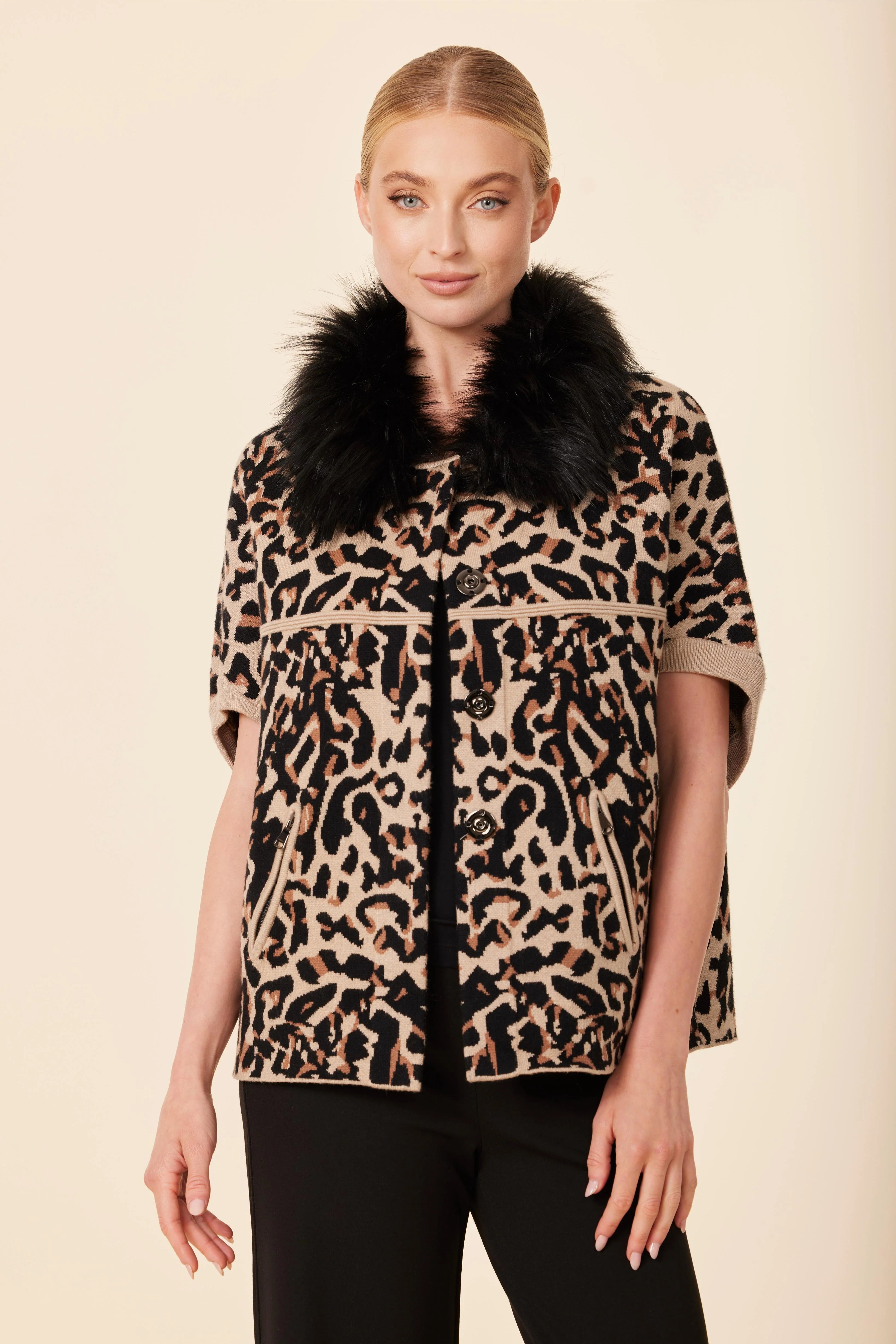 Animal Print Faux Fur Trimmed Cocoon Cardigan
