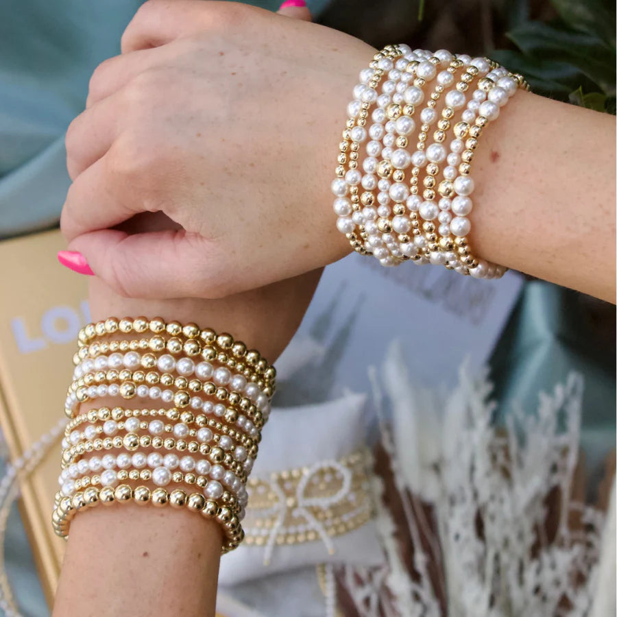 Classic 2mm Gold Filled and 4mm Glass Pearl Beaded Pattern Bracelet