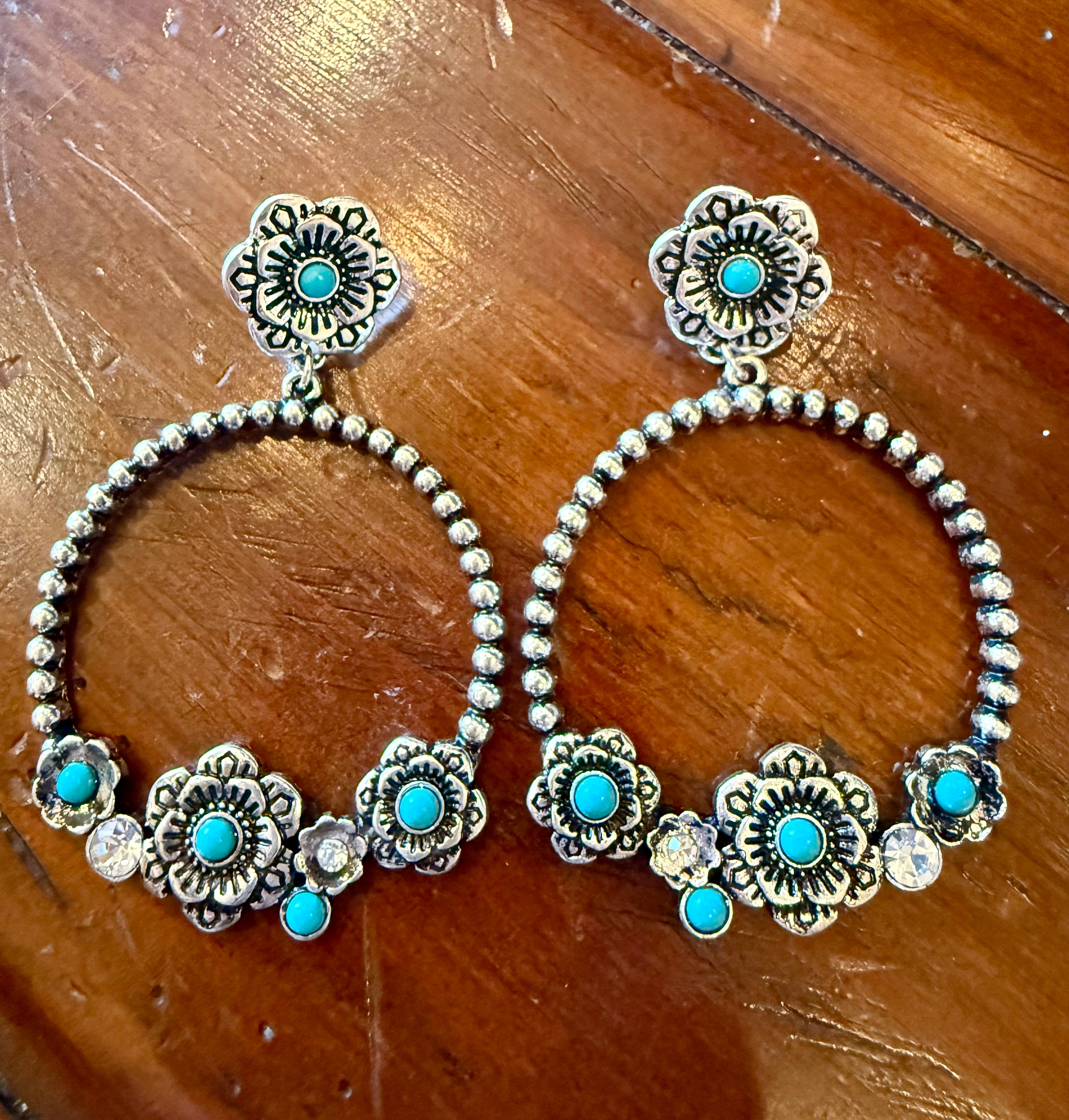 Silver w/ Turquoise Floral Circle Earrings