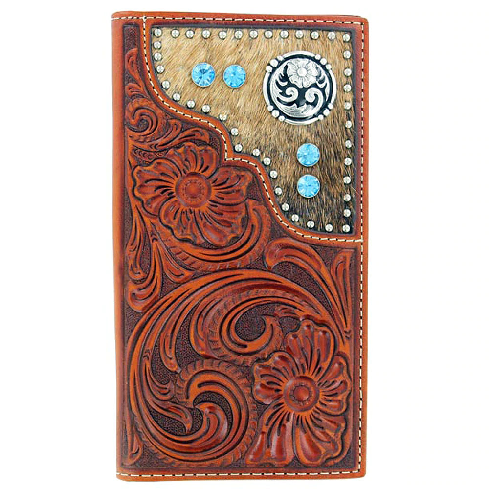 Nocona Men's Rodeo Blue Rhinestone Cowhide Tan Wallet