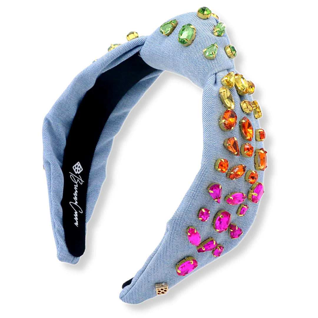 Denim Headband with Rainbow Gradient Hand-Sewn Crystals