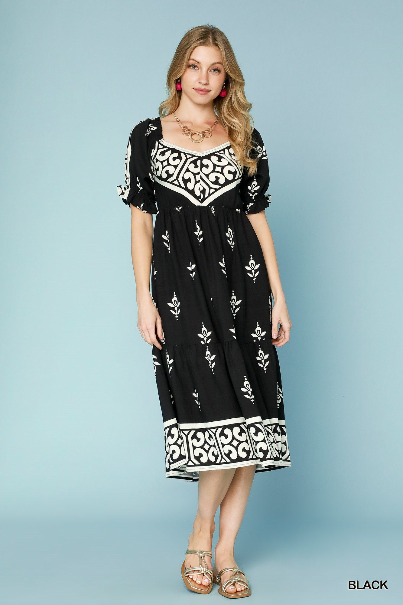 Black & White Border Print Midi Dress