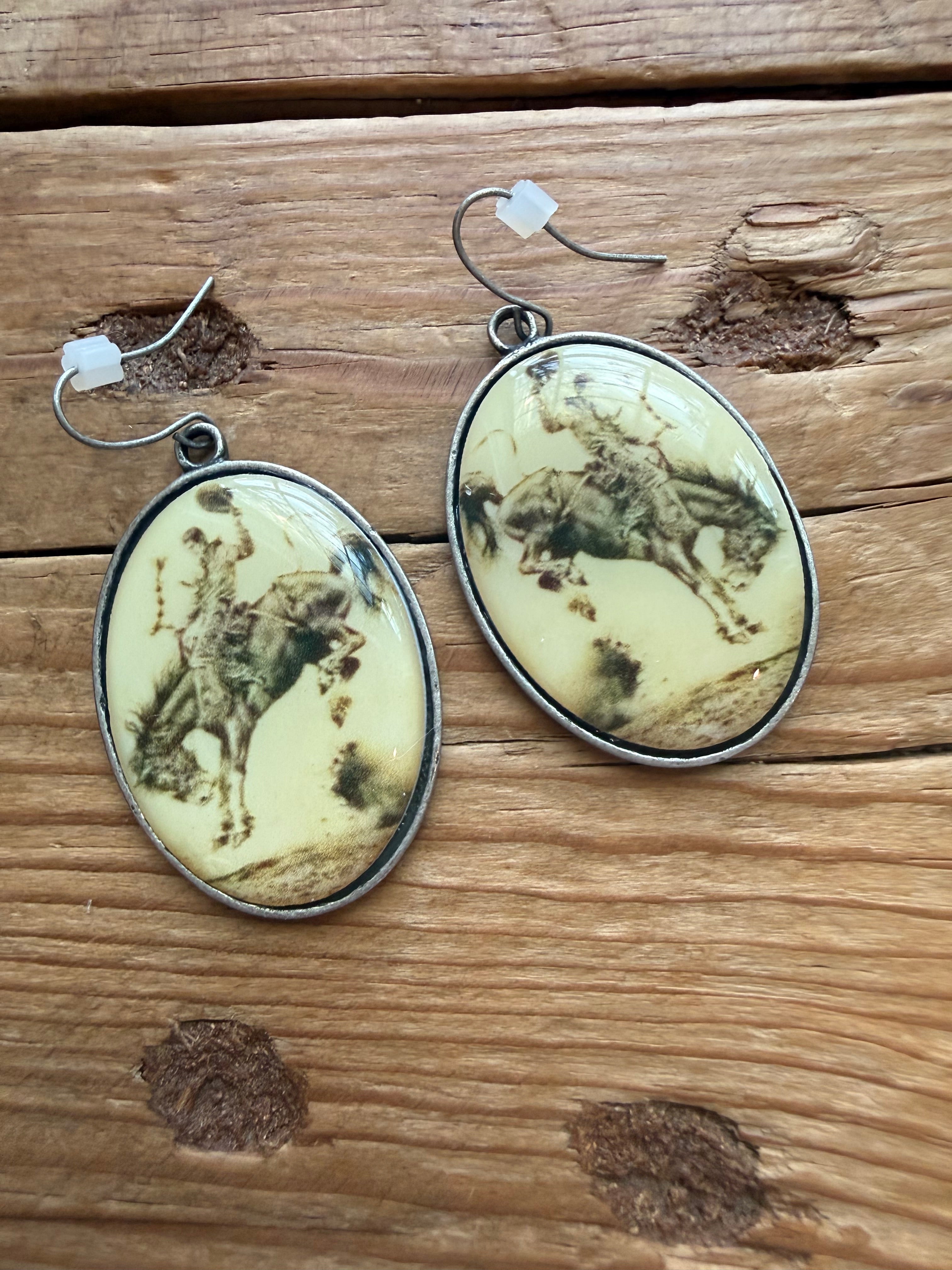Black & White Bronc Rider Cameo Earrings