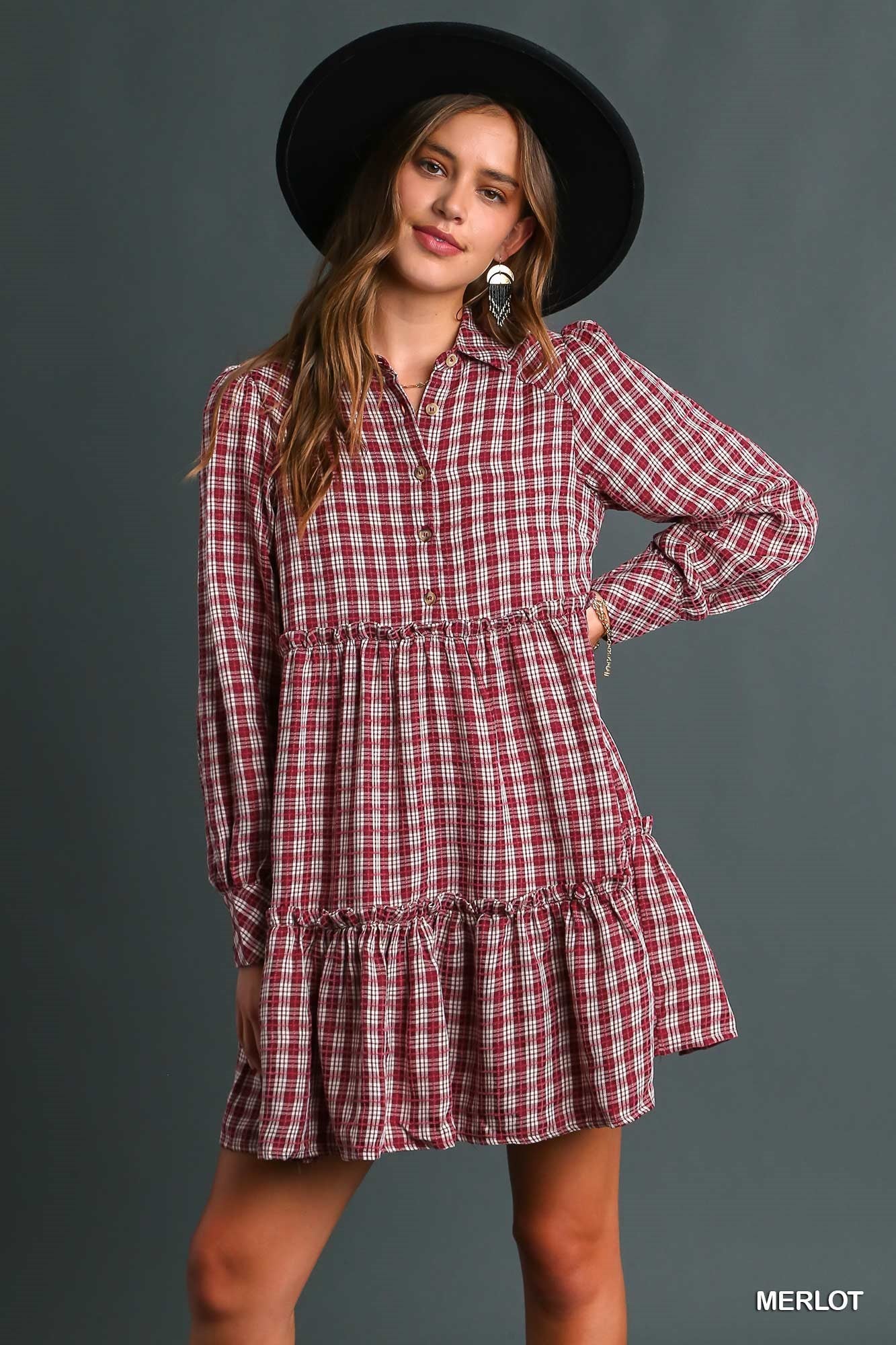 Long sleeve checkered dress shop