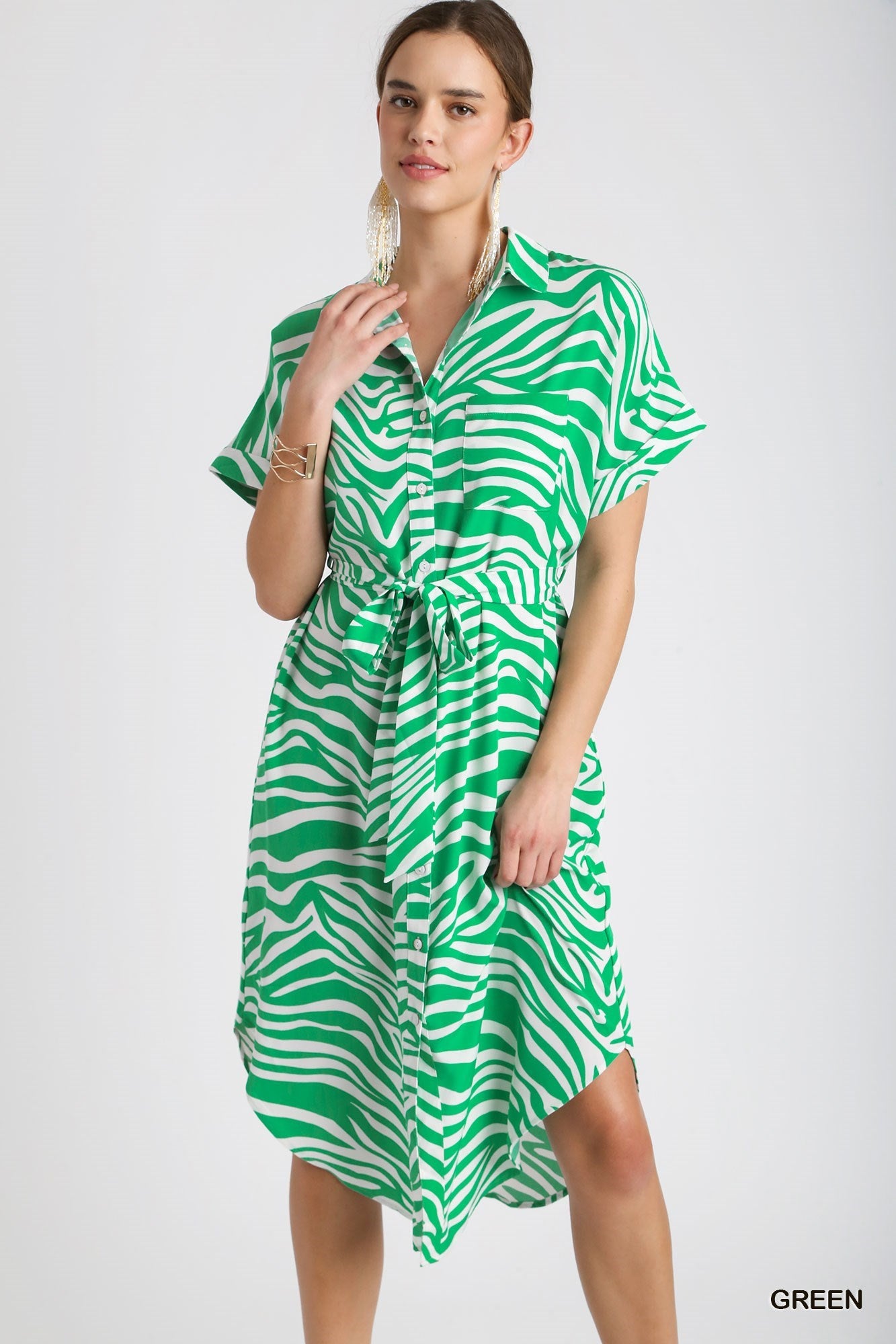 Green White Zebra Print Midi Shirt Dress