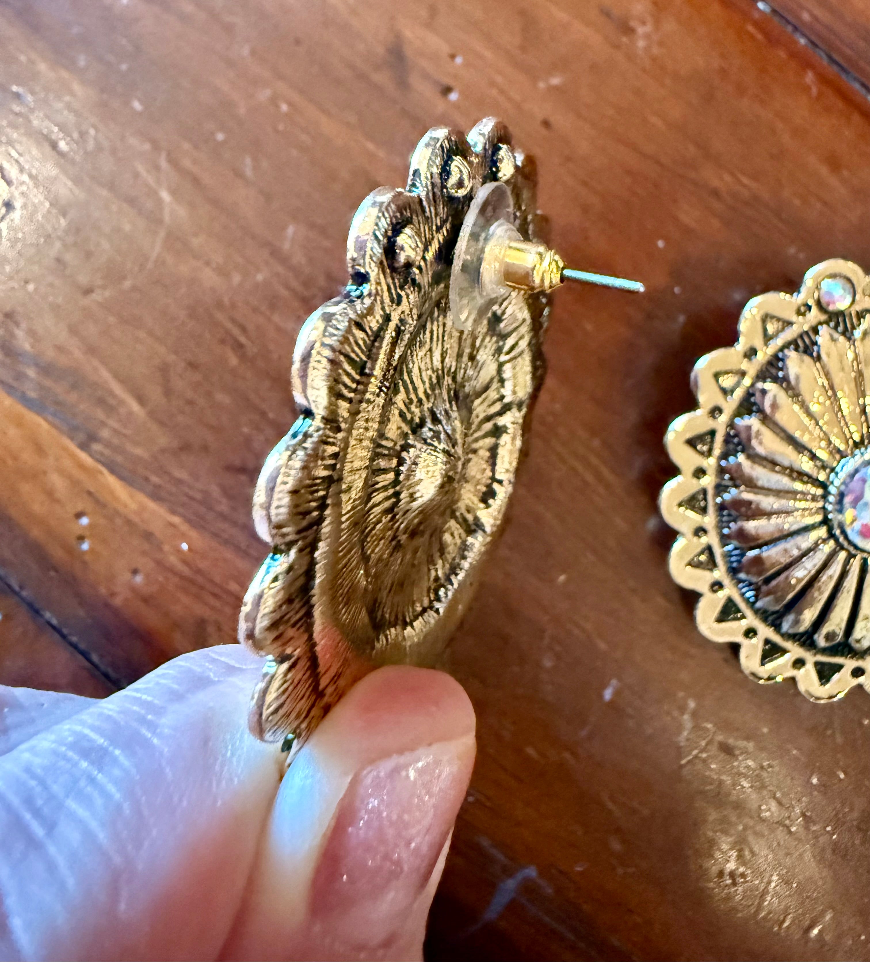 Gold Oval Concho & Crystal Earrings