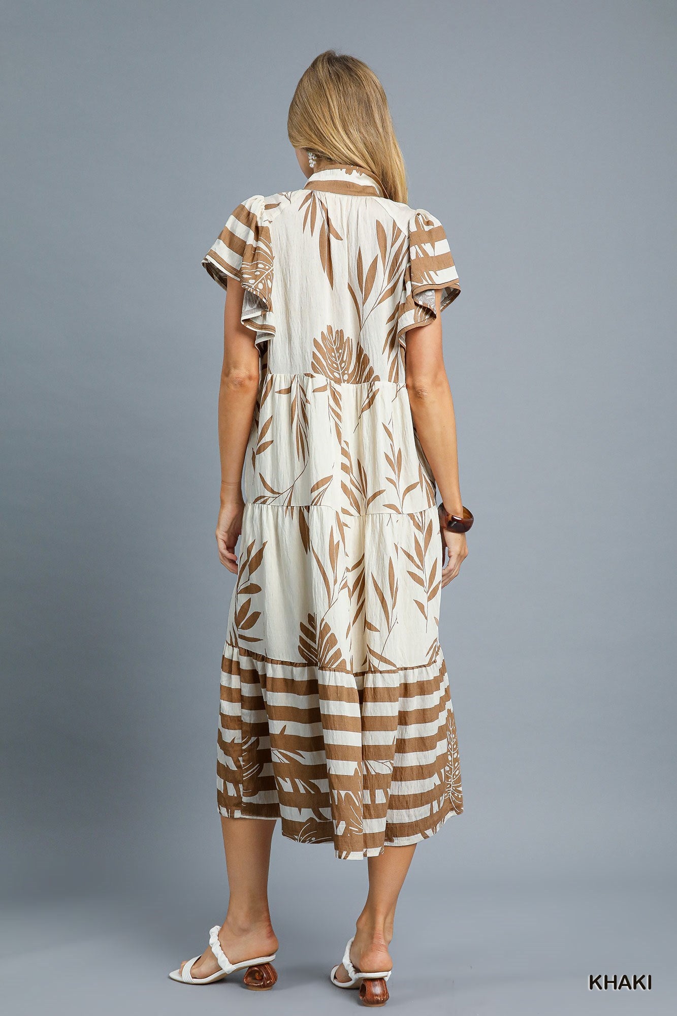 Khaki & Cream Tropical Tiered Midi Dress