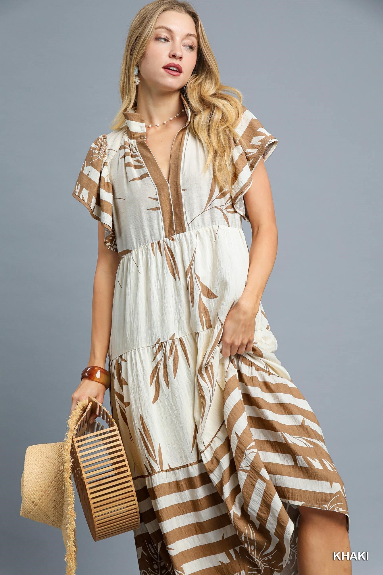 Khaki & Cream Tropical Tiered Midi Dress