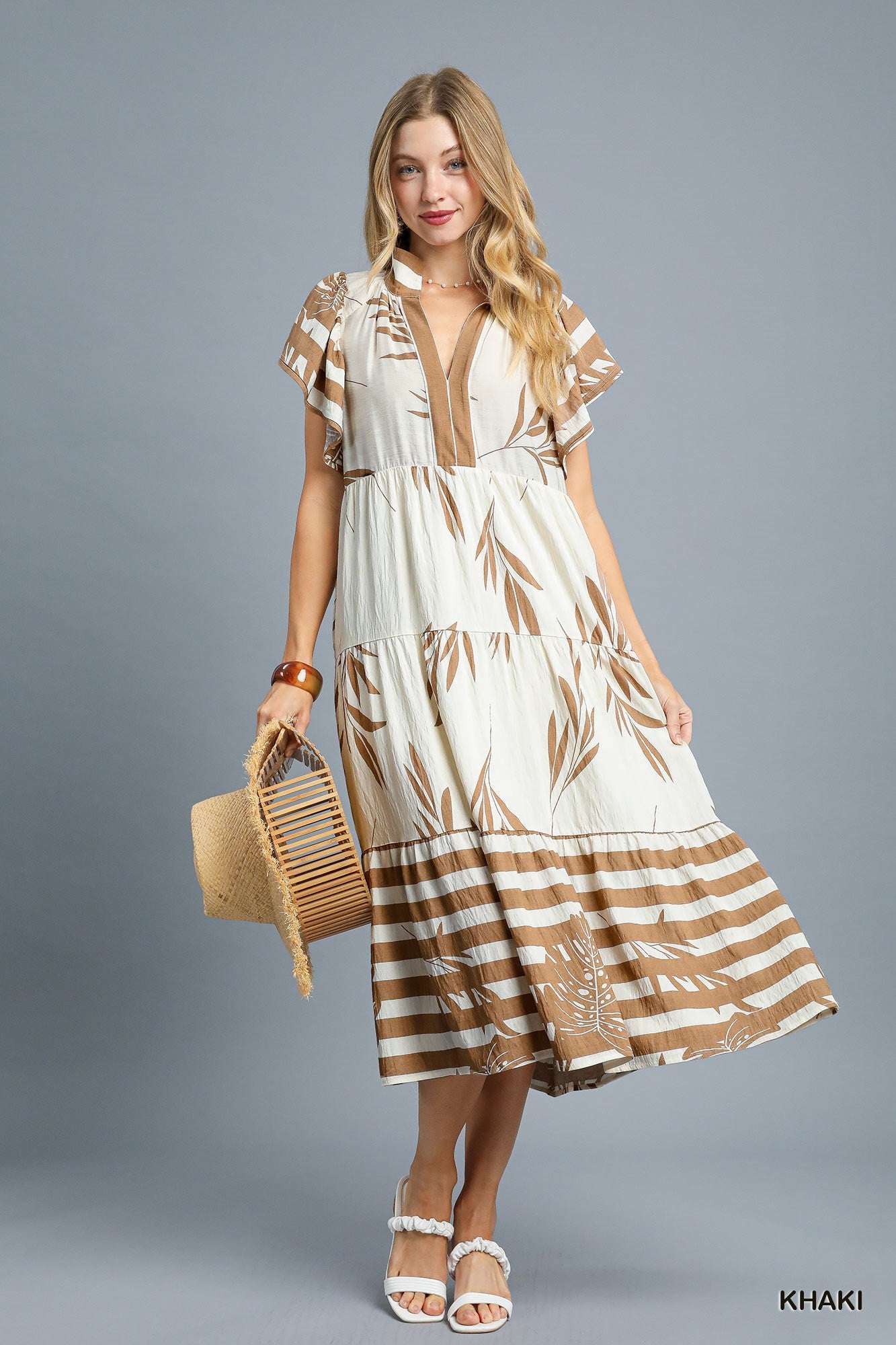 Khaki & Cream Tropical Tiered Midi Dress