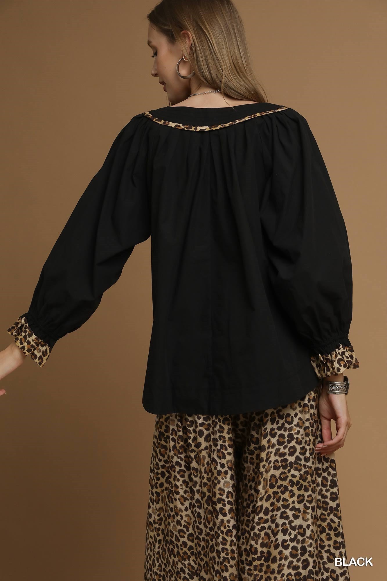 Black Long Sleeve Top w/ Leopard Trim