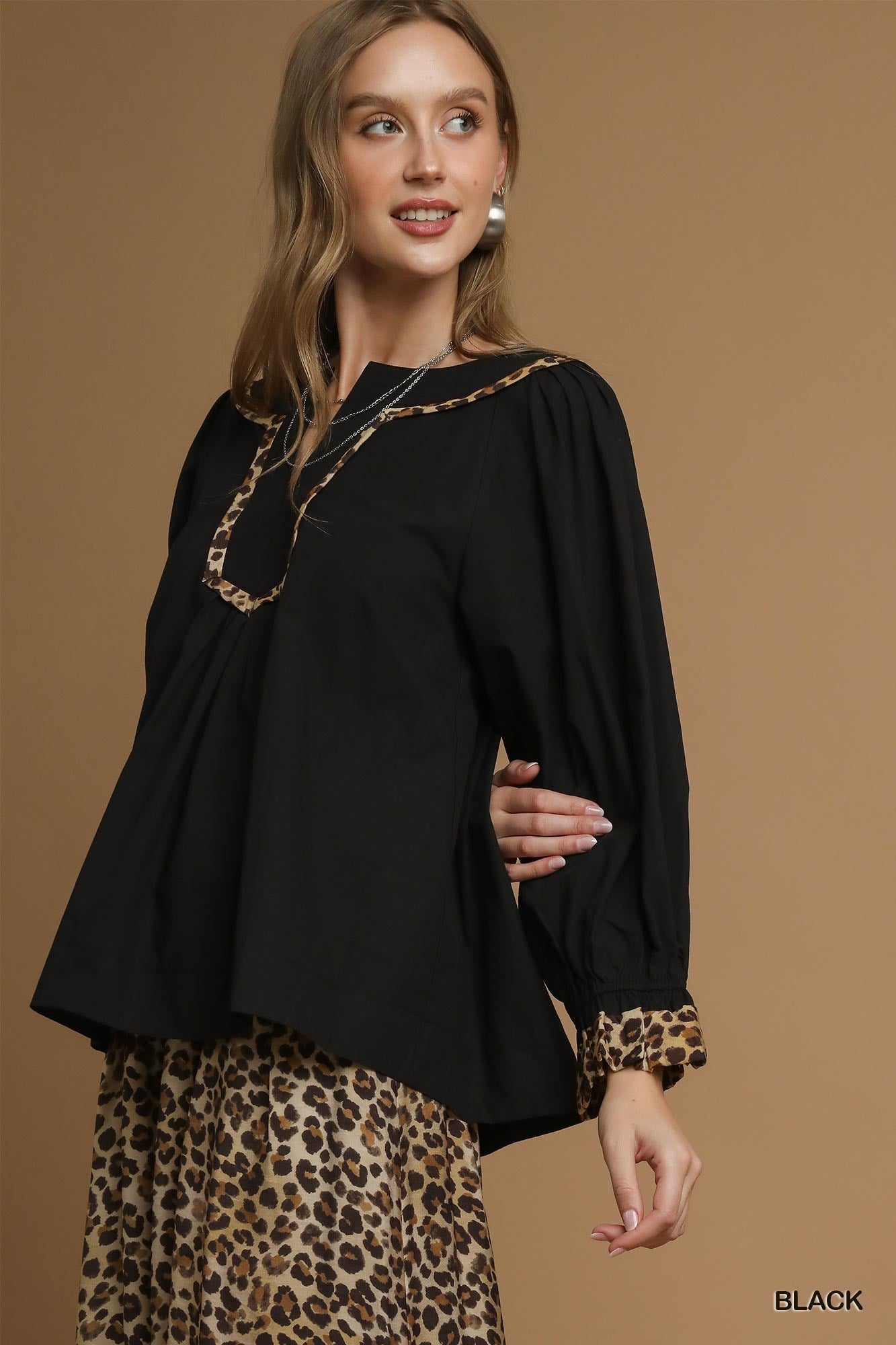 Black Long Sleeve Top w/ Leopard Trim