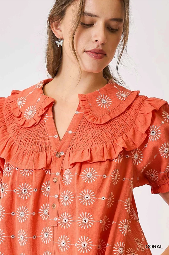 Coral Vintage-Inspired Ruffle Collar Mini Dress