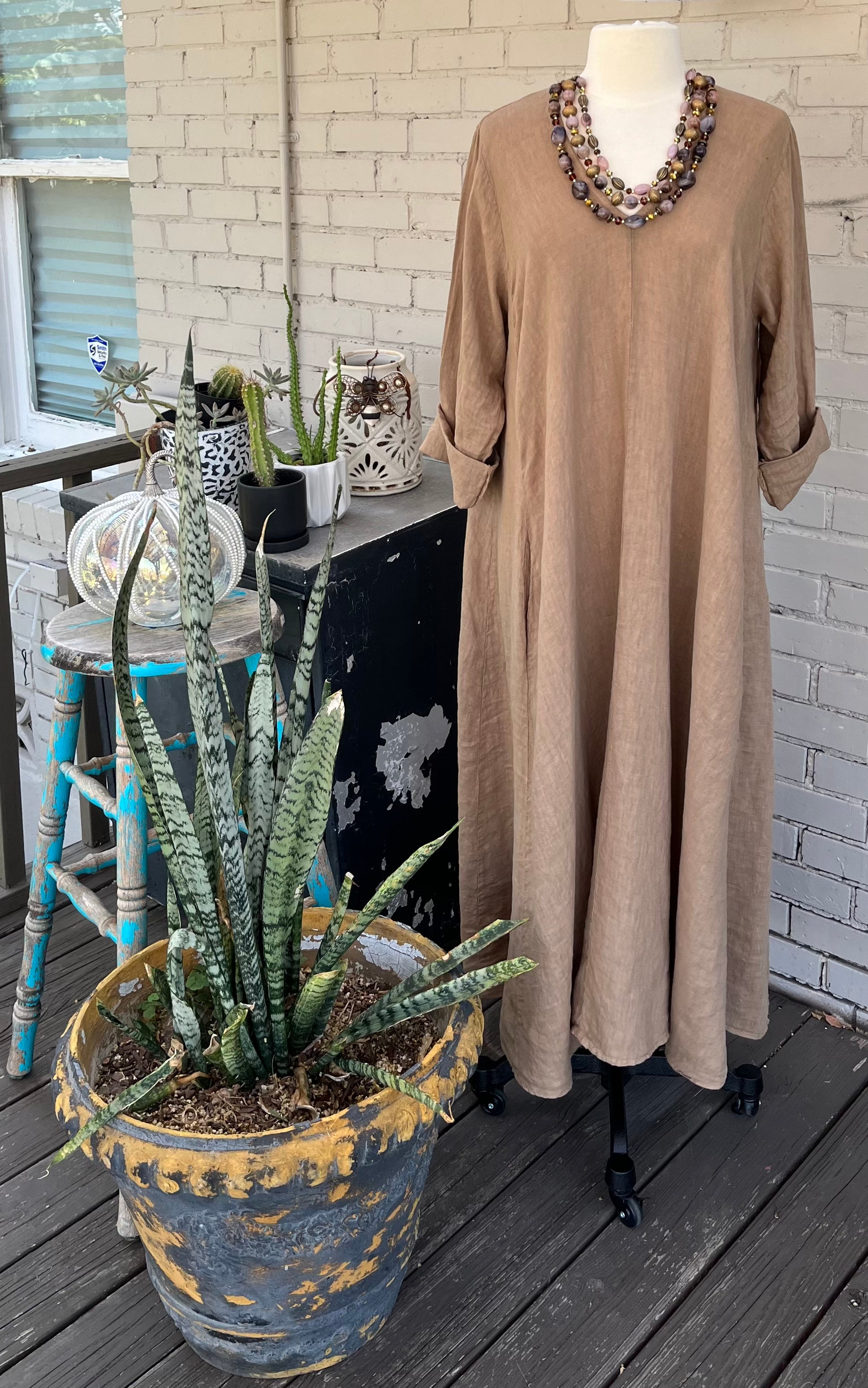 Camel Washed Linen Dress