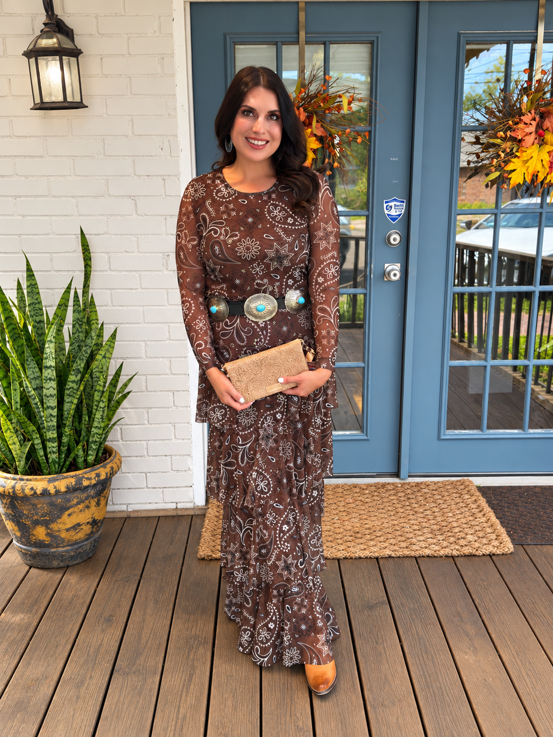 Brown Bandana Mesh Top & Layered Skirt Set