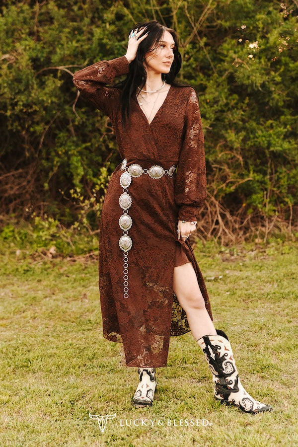 Brown Western Lace Long Sleeve Midi Dress Small