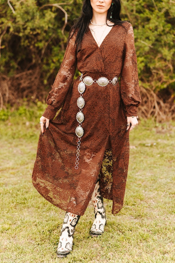Brown Western Lace Long Sleeve Midi Dress