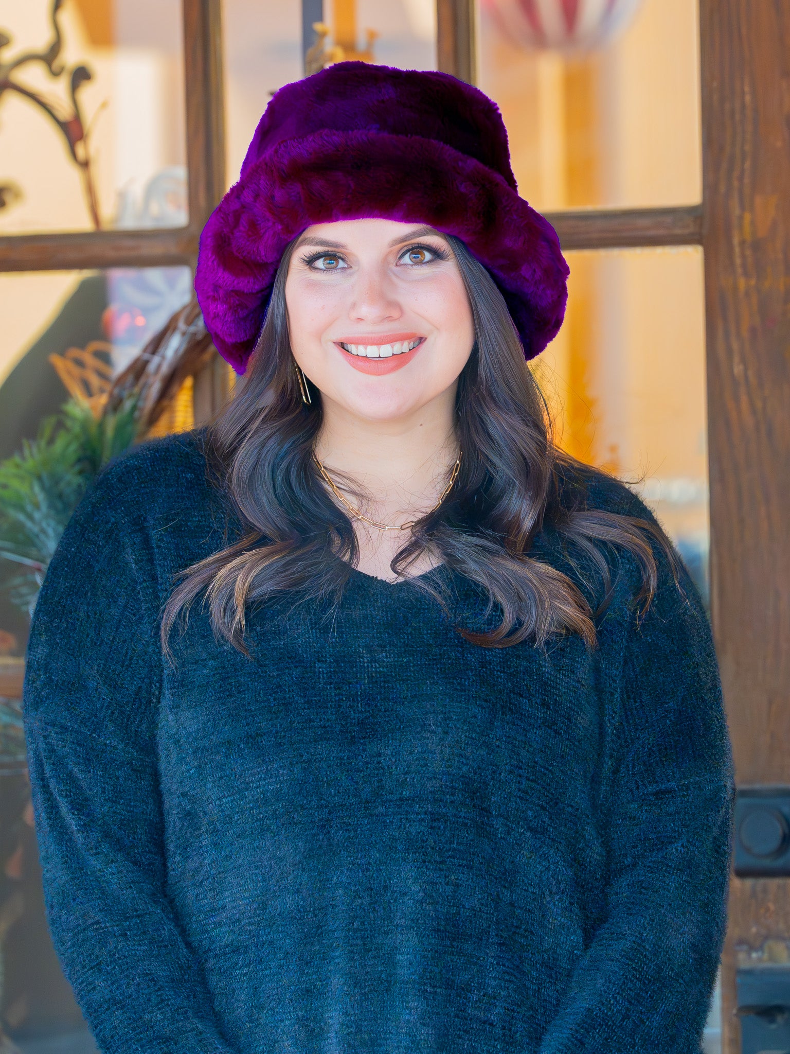 Purple Soft Faux Fur Bucket Hat - Main Image