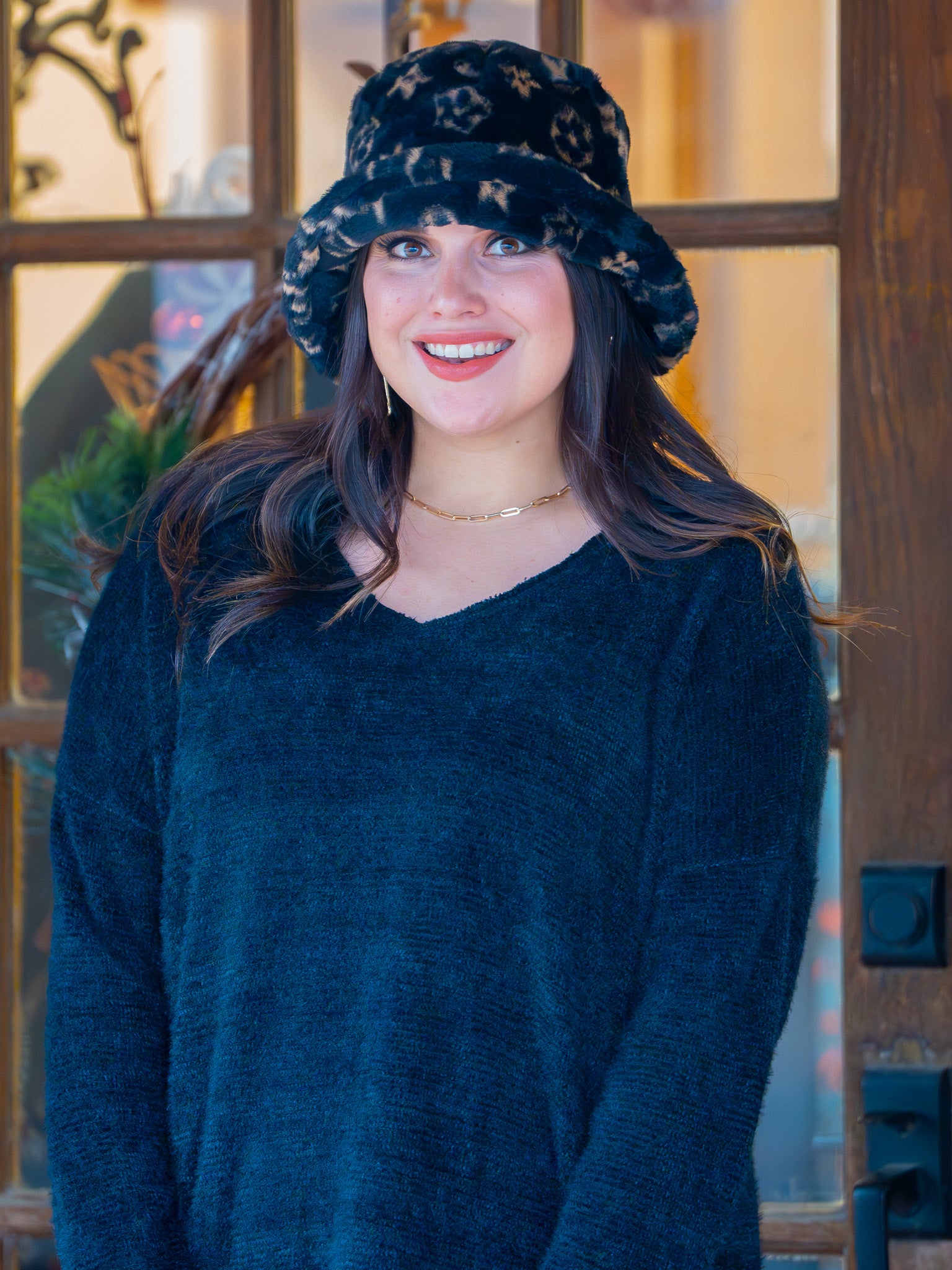 Designer Look Black & Brown Soft Faux Fur Bucket Hat