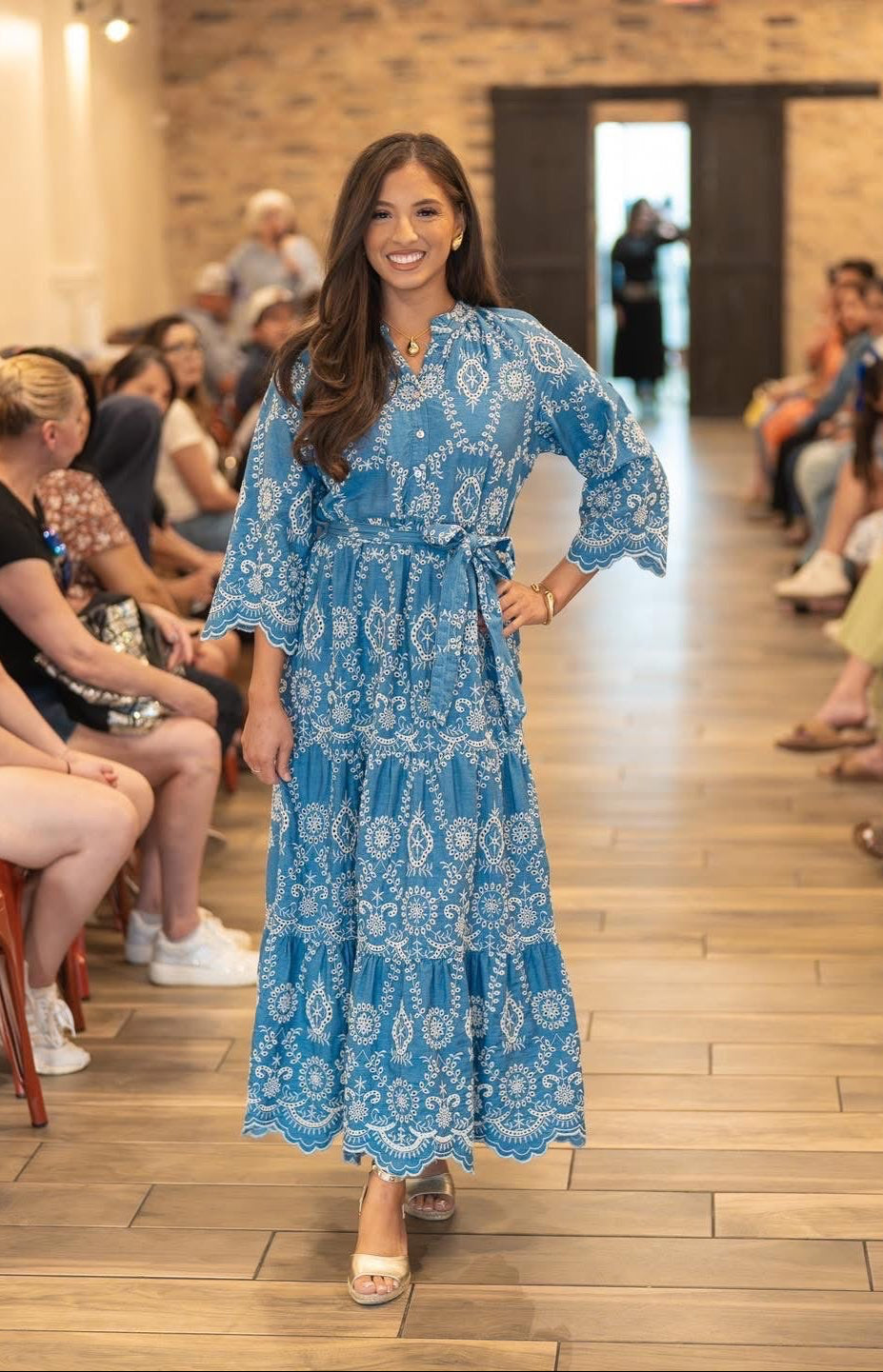 Denim Eyelet Embroidered Maxi Dress