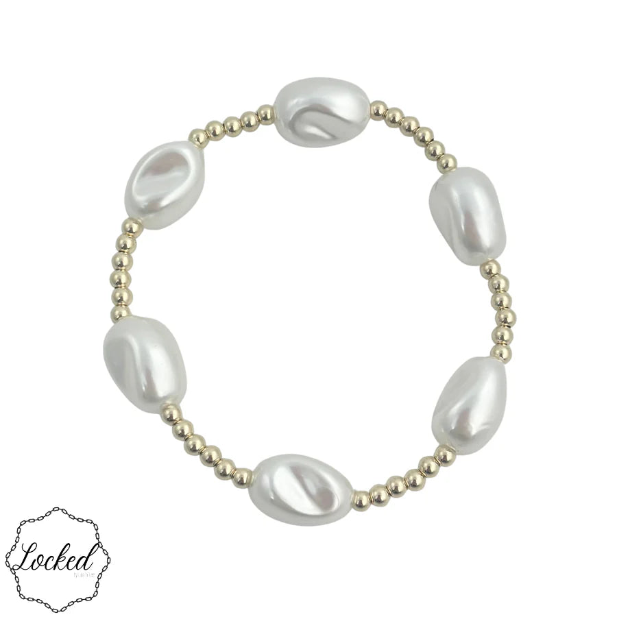 Classic 3mm Gold Filled and 8mm Glass Pearl Beaded Pattern Bracelet