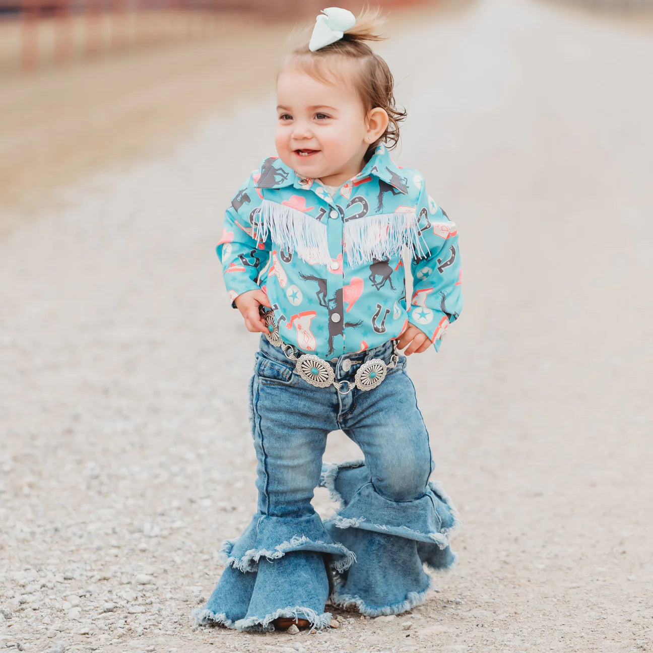 Toddler Turquoise Running Horse Pearl Snap