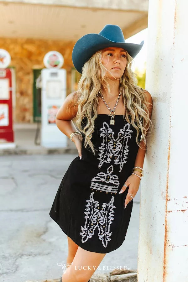 Black Buckle Strap Embroidered Western Dress Small