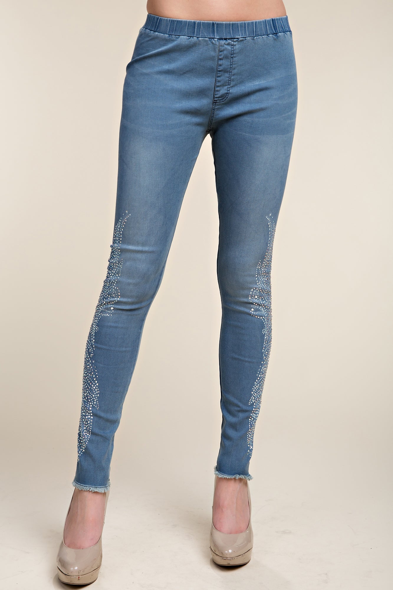 Jeggings with Rhinestone Leaf Print Detail