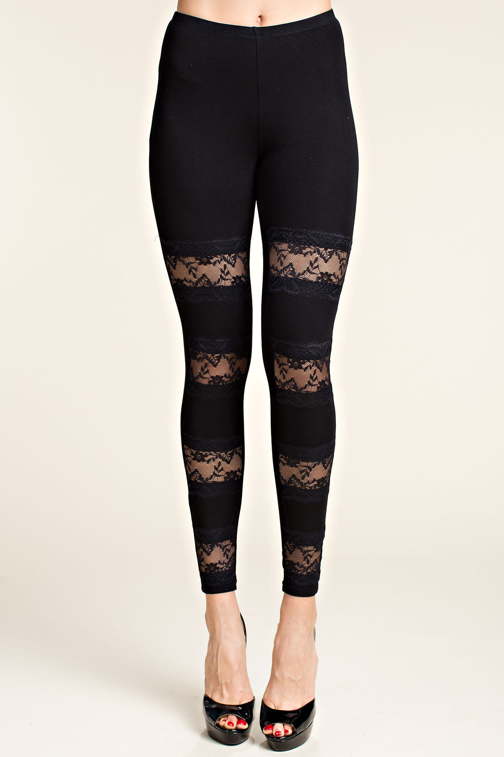 High Rise Knit Leggings With Lace Panels