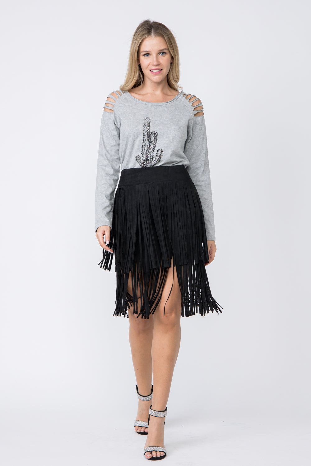 Black Suede Fringe Mini Skirt