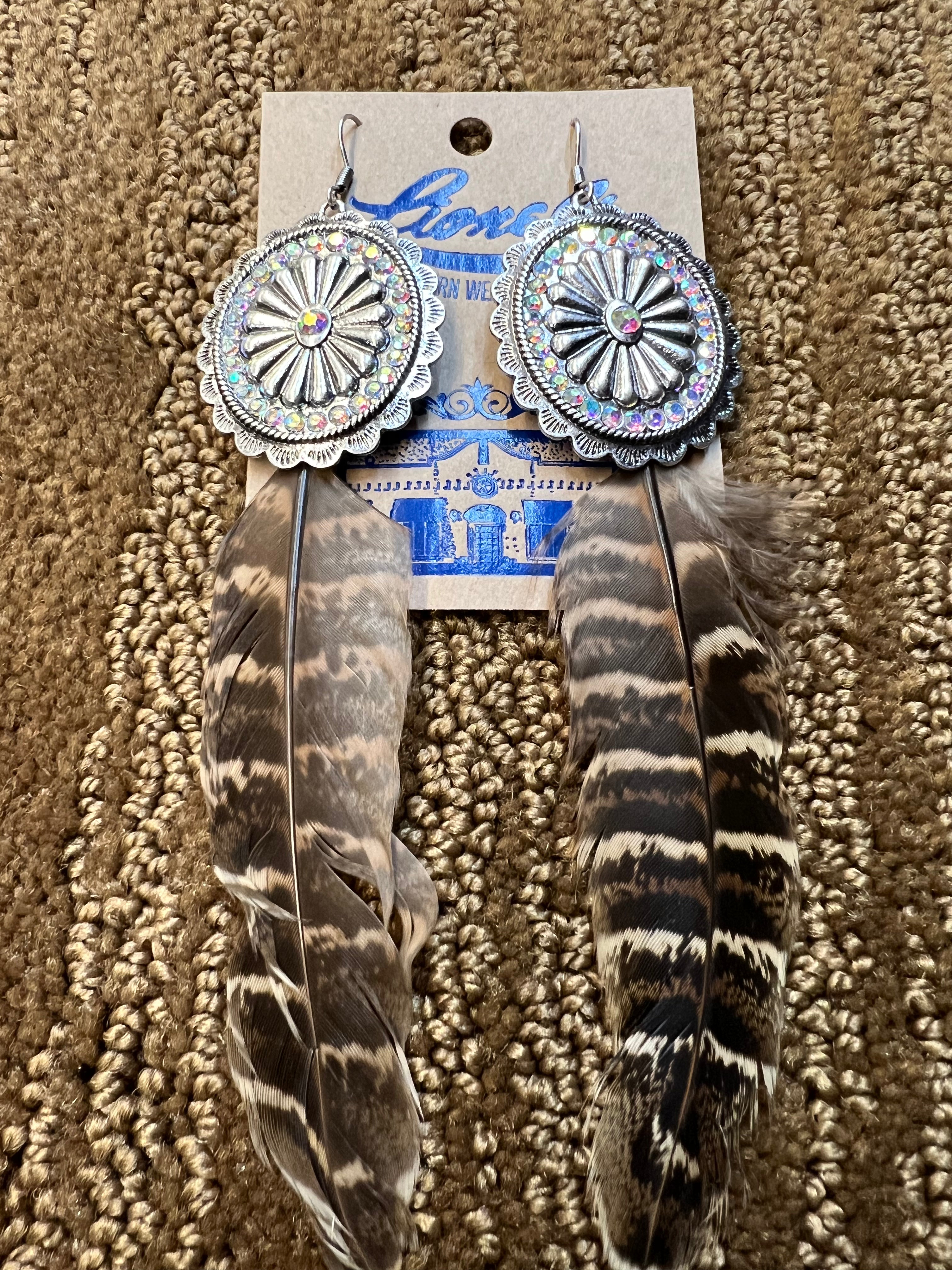 Silver Concho & Crystals Brown Feather earrings