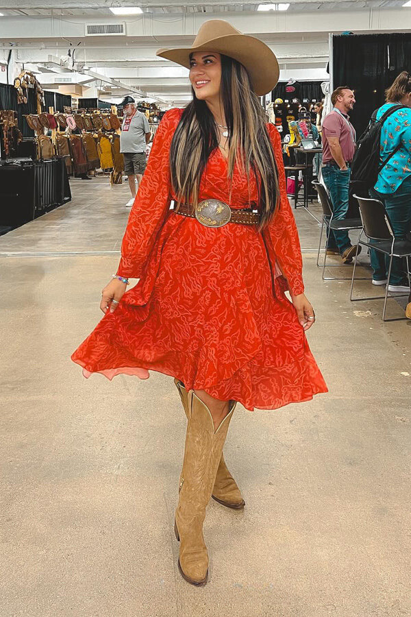 Red Boot Stitch Print Wrap Ruffle Dress