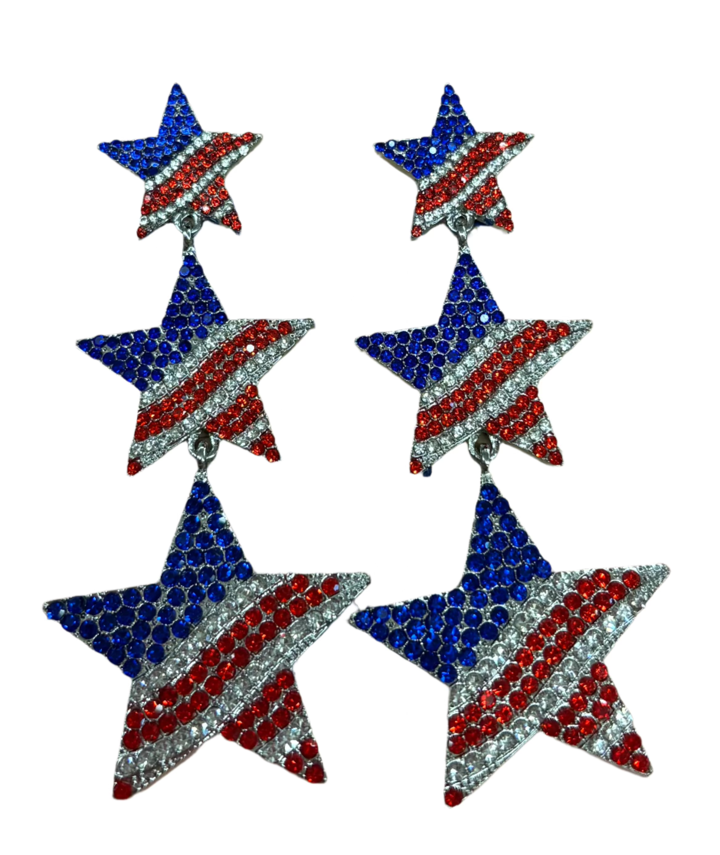 Triple Dangling Red/White/Blue Crystal Earrings