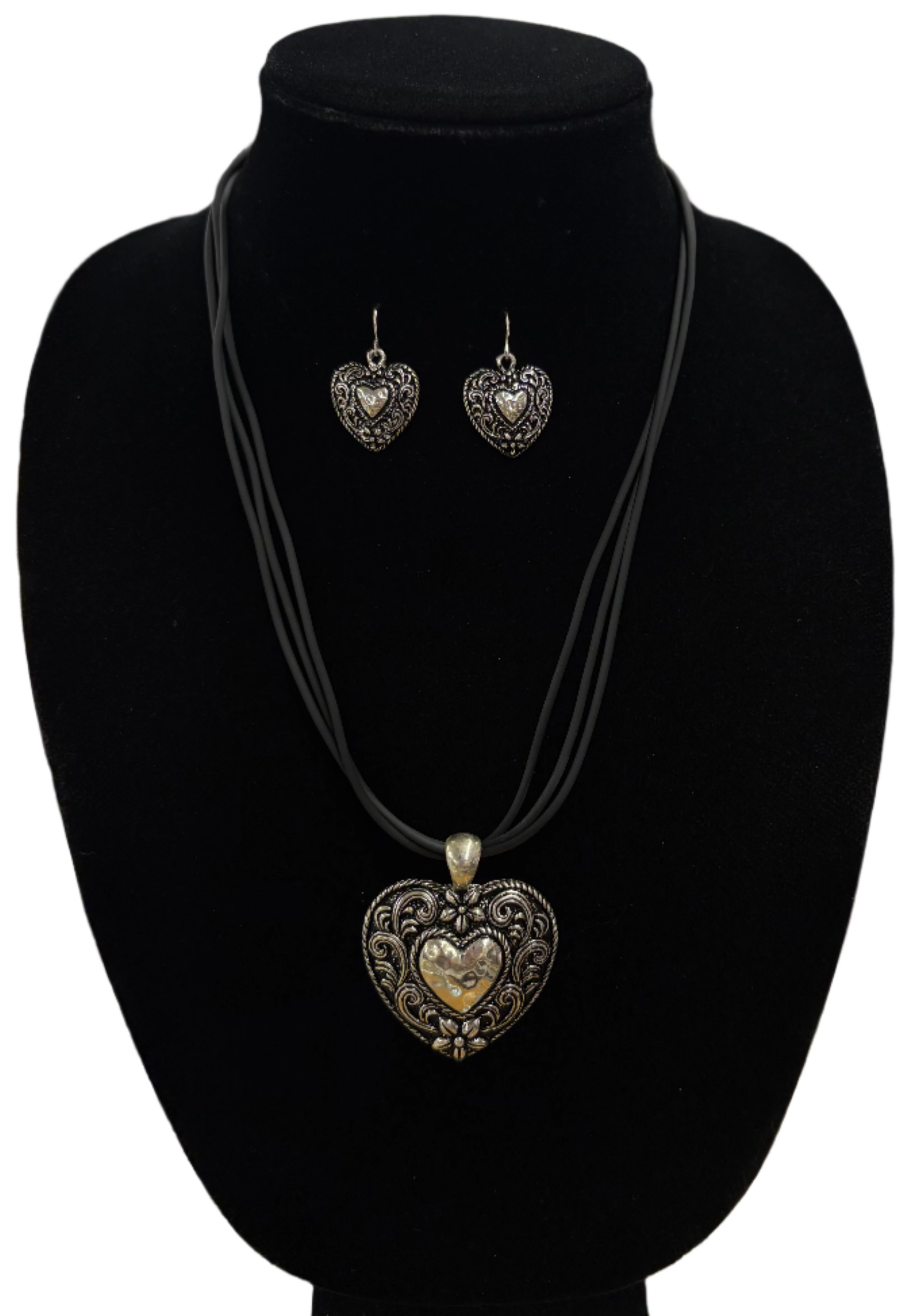 Leather Corded Silver Heart Jewelry Set