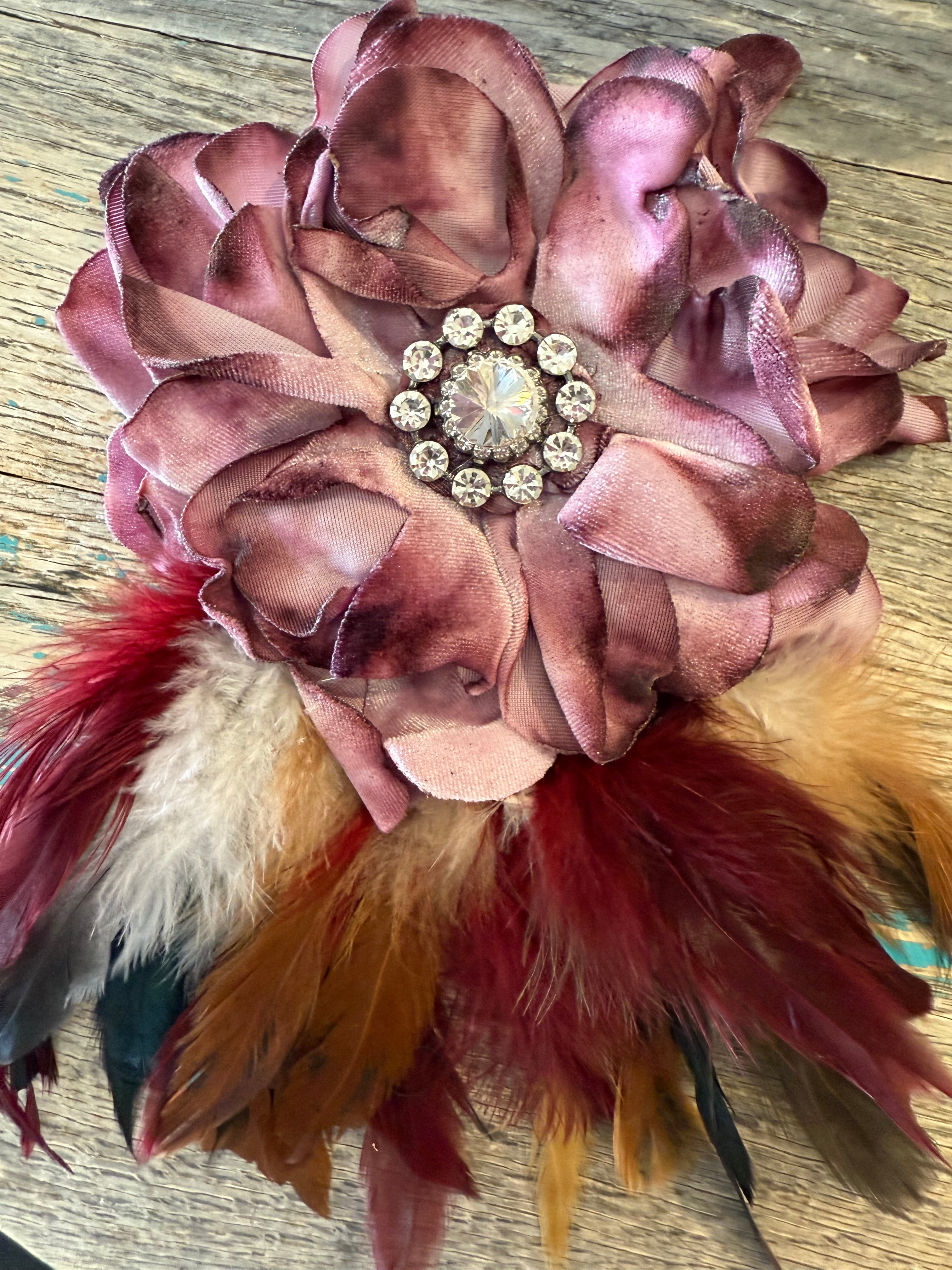One of a Kind Flower Brooch w/Mauve Feathers