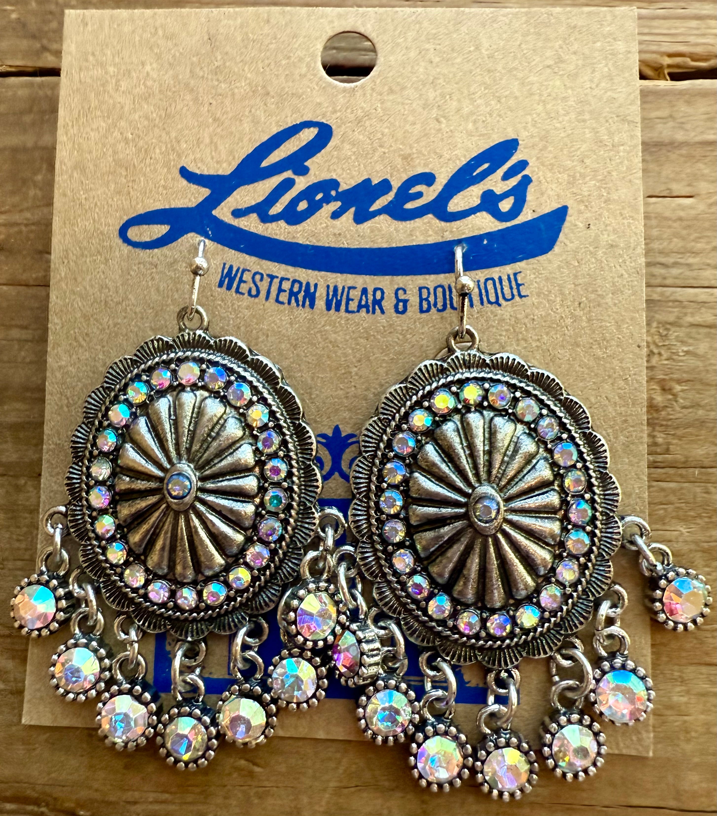 Silver Concho & Dangling Crystals Earrings