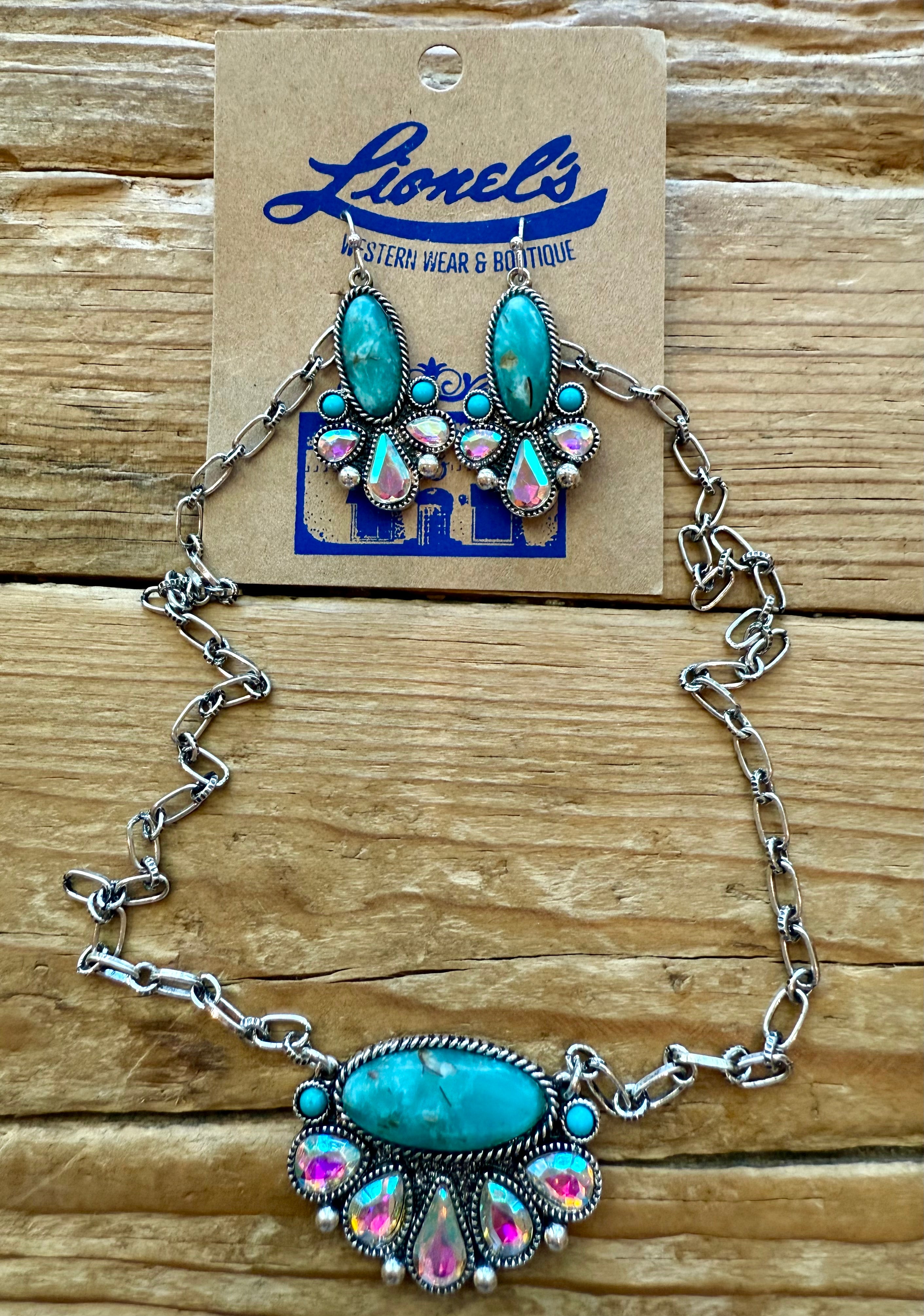 Turquoise & Crystal Fashion Necklace/Earrings Set