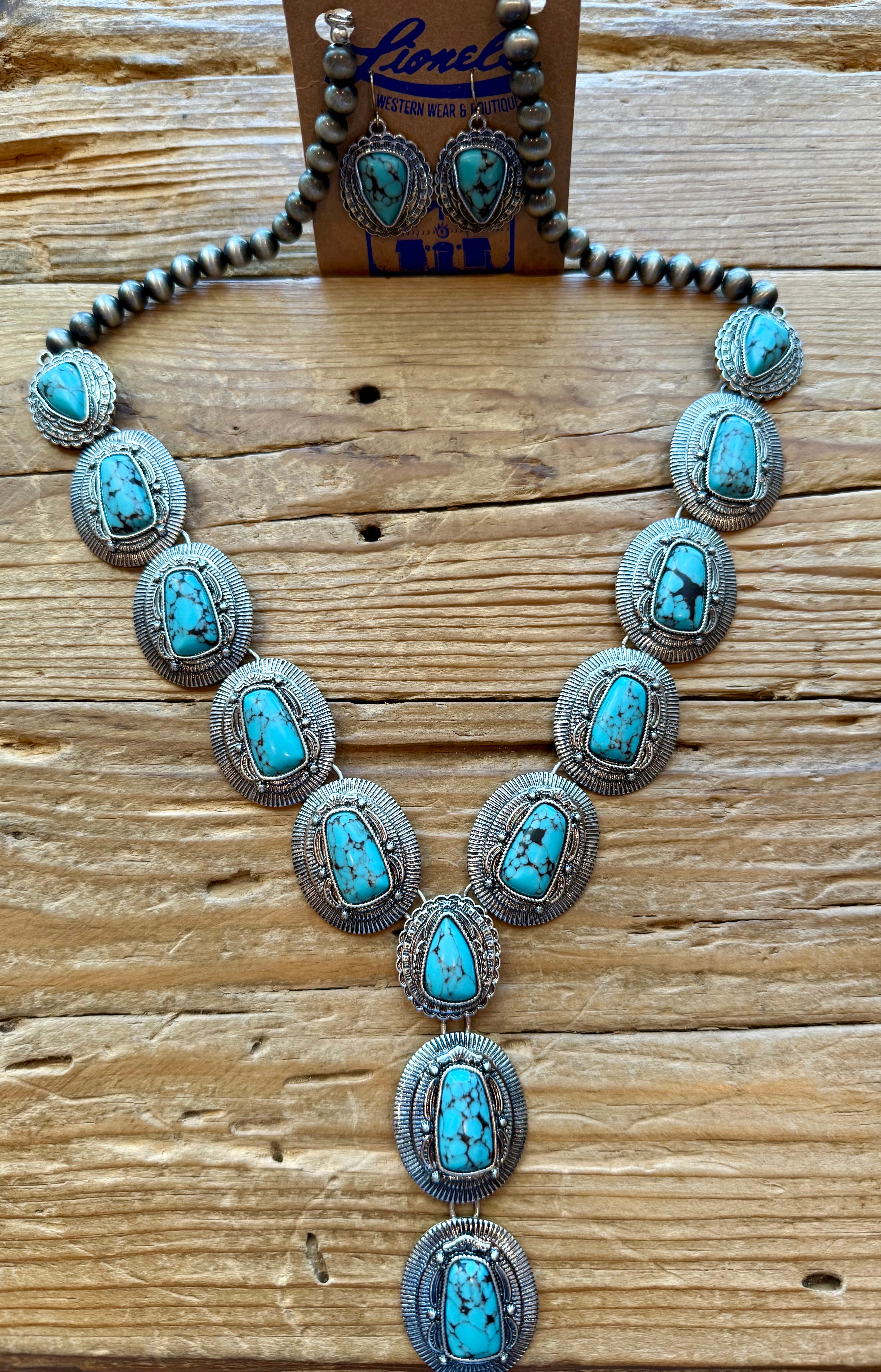 Navajo Pearl & Turquoise Fashion Long Necklace/Earring Set