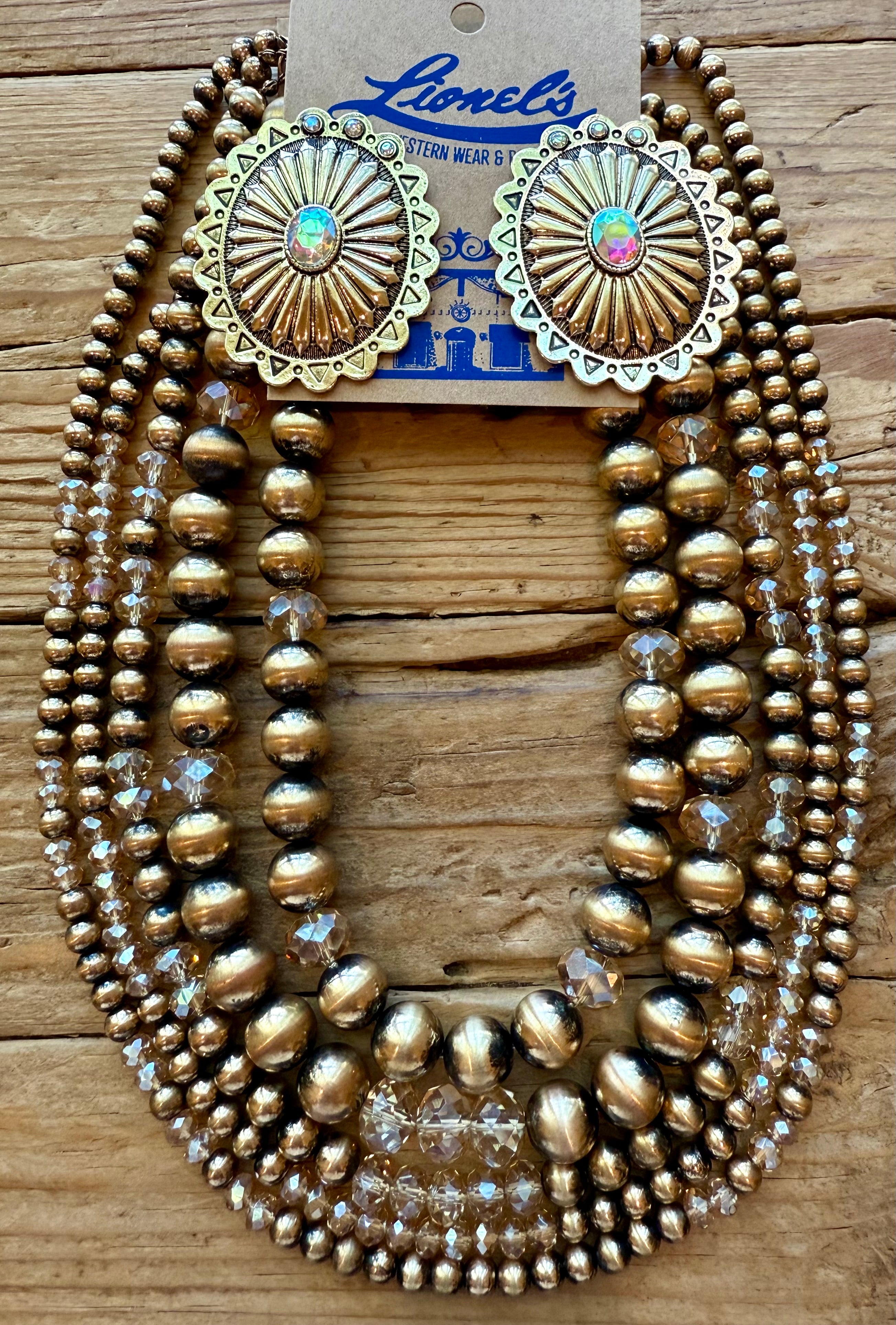 Multi Strand Brass Look Navajo Pearl Necklace/Earrings Set