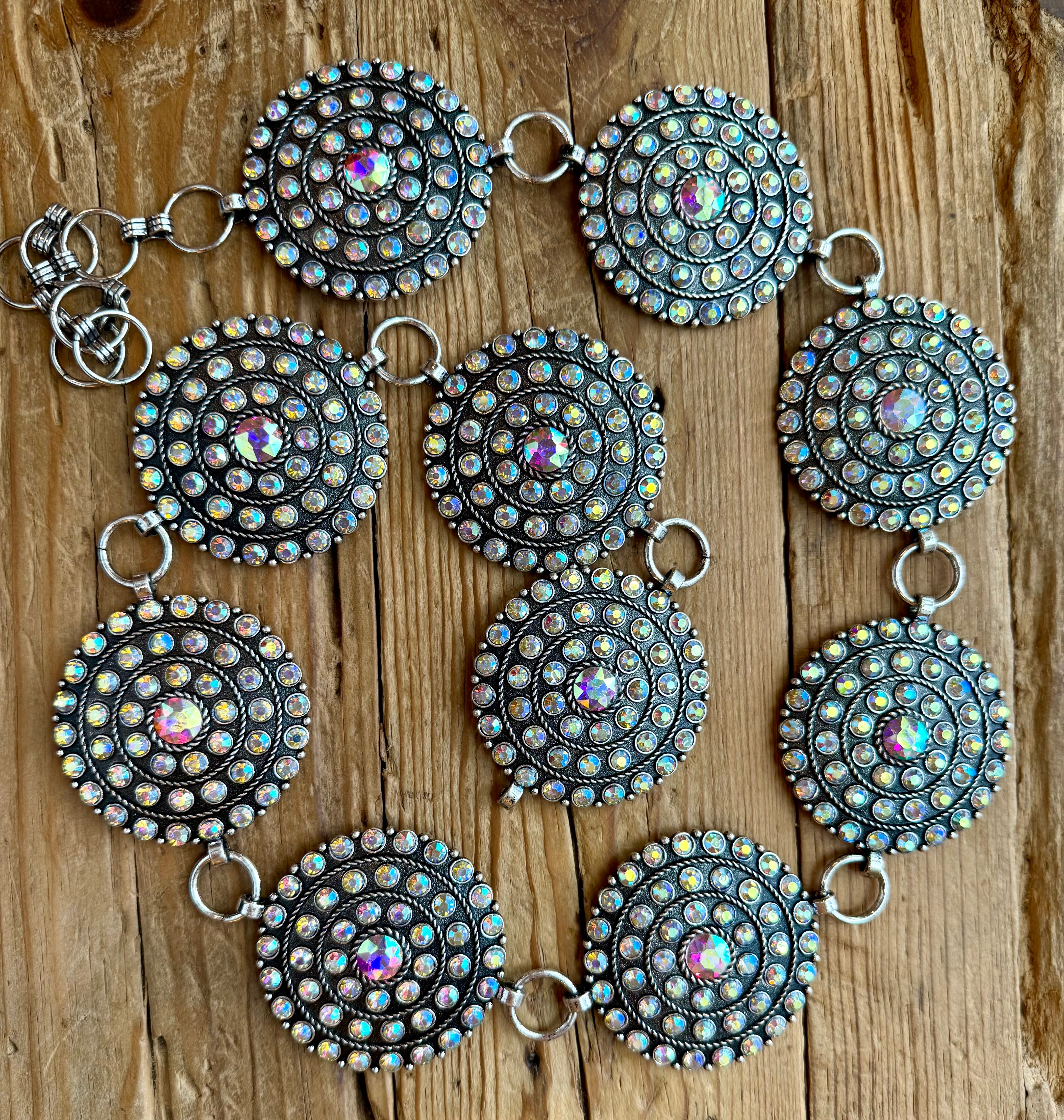 Round Silver Concho Link Belt w/ AB All Over Crystals