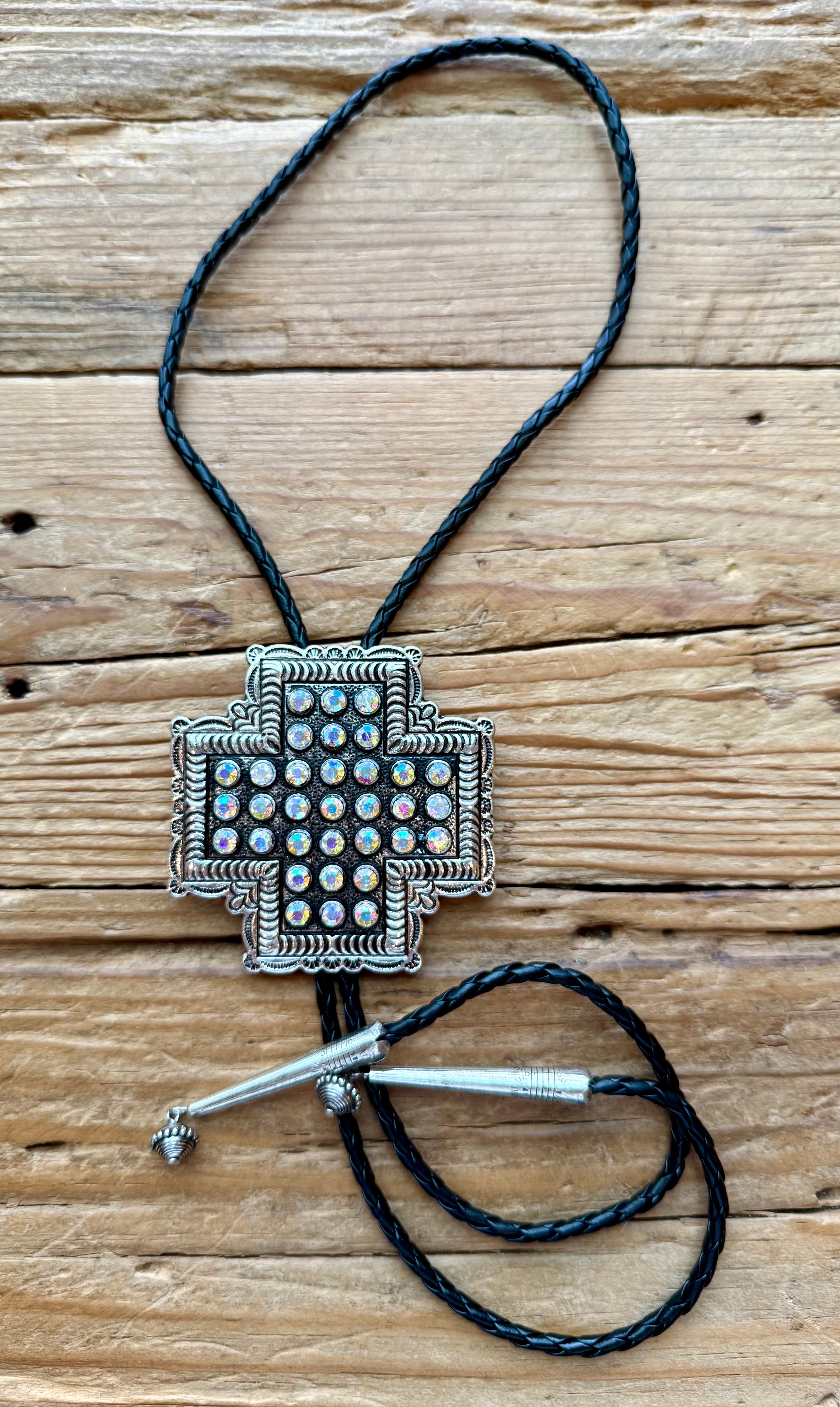 Southwest Cross Bolo Tie w/ Clear Crystals
