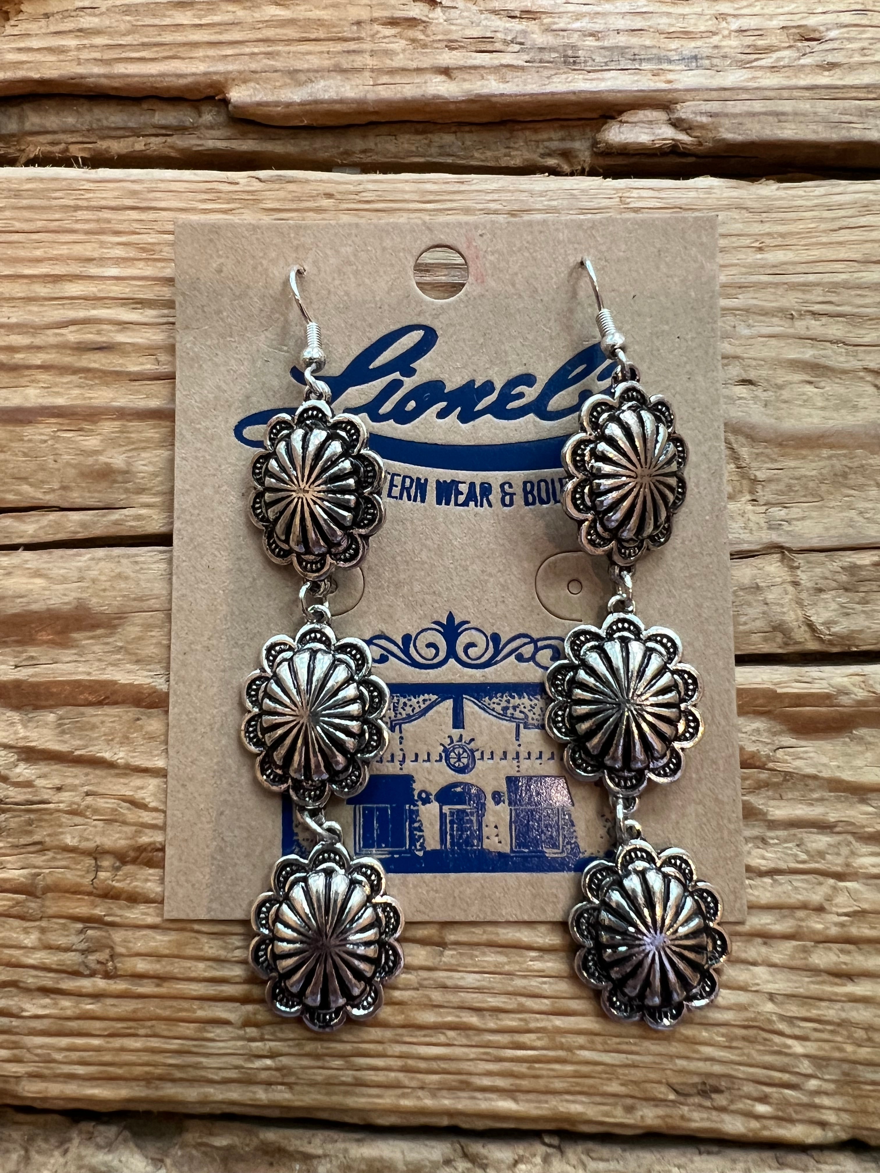 Triple Concho Drop Earrings/Antique Silver