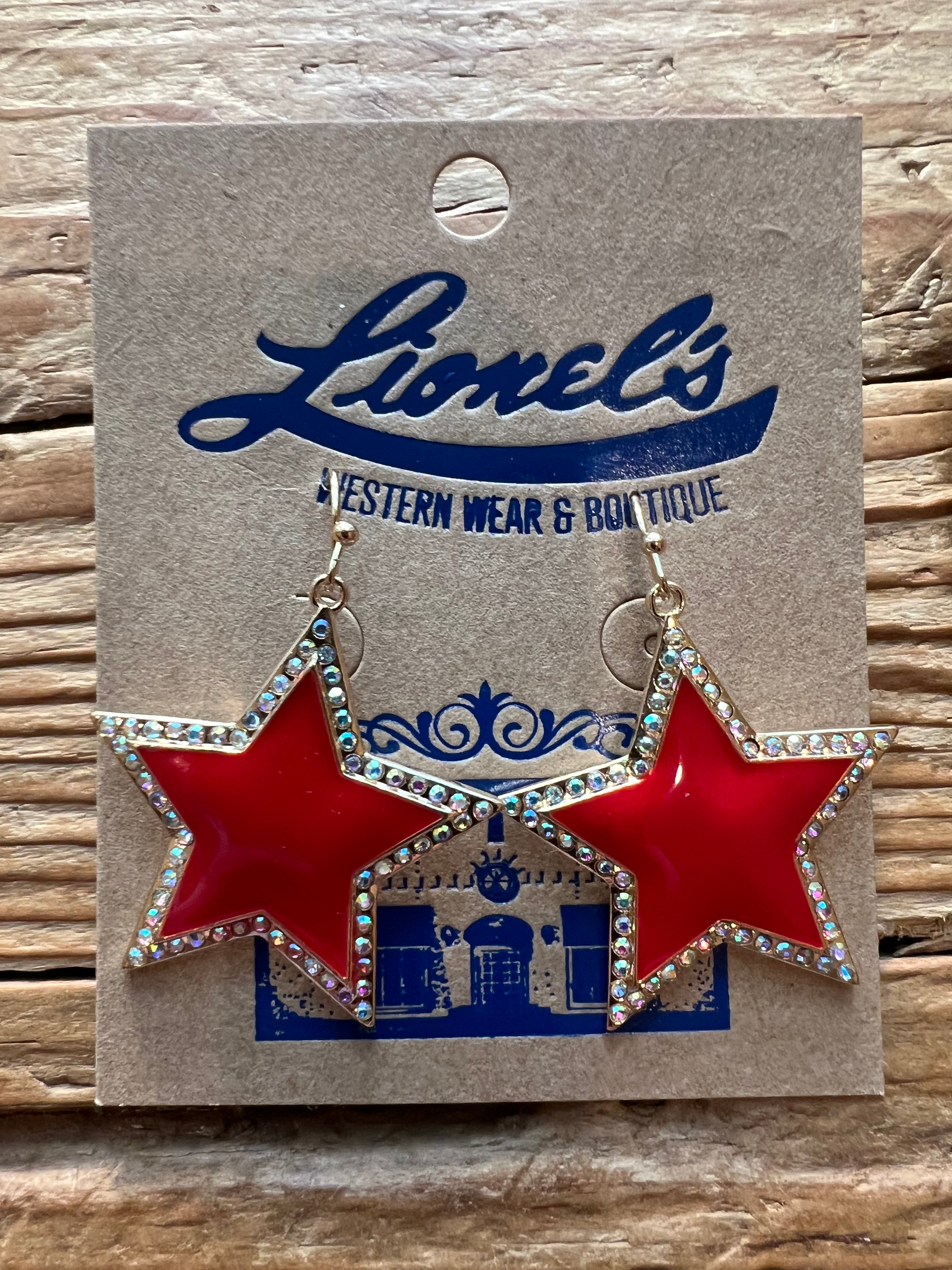 Red Enamel Dangling Star Earrings/Gold