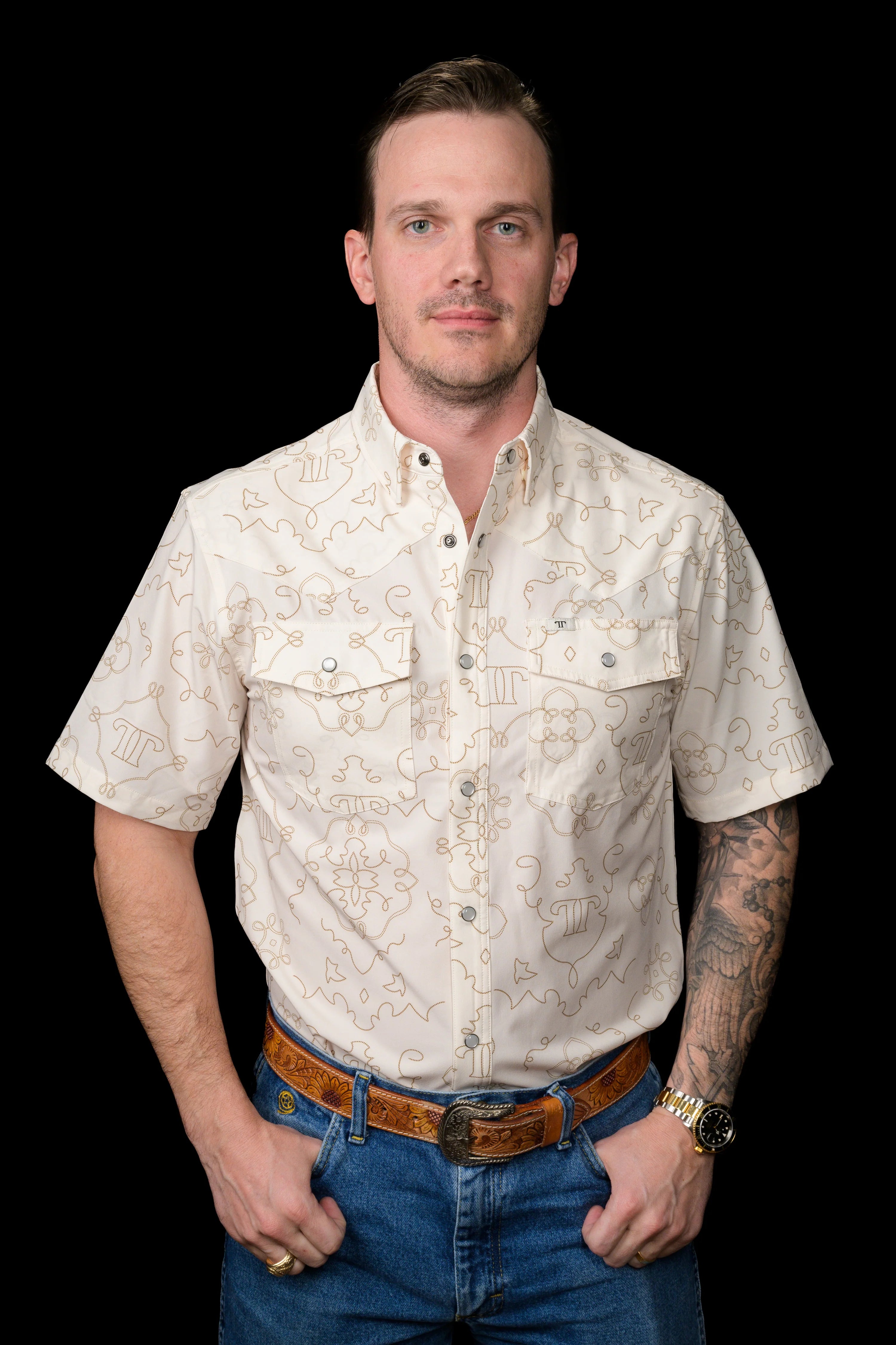 The Carson in Beige - Short Sleeve Snap Shirt by Ferrell