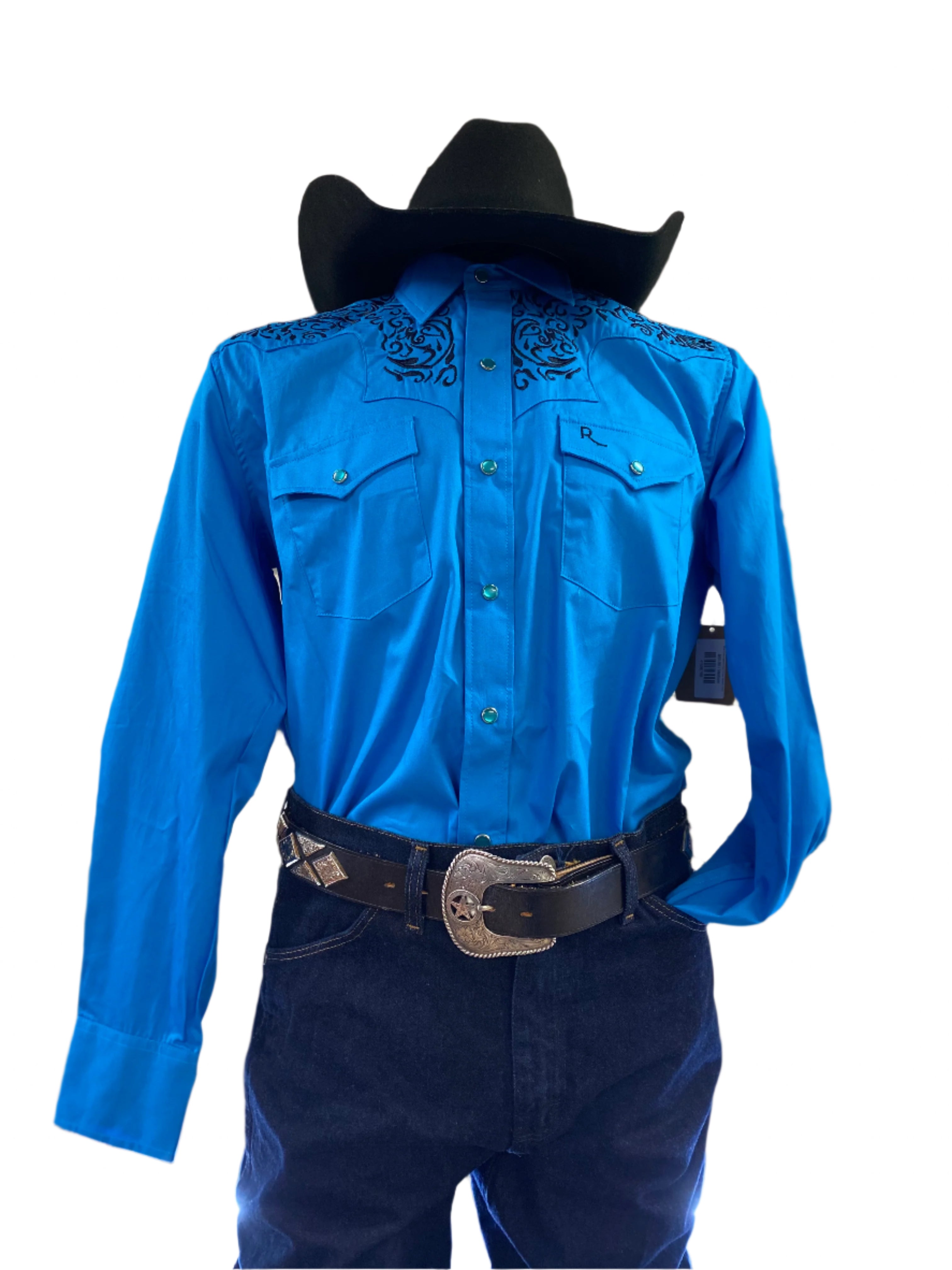 Blue Embroidered Pearl Snap Western Shirt