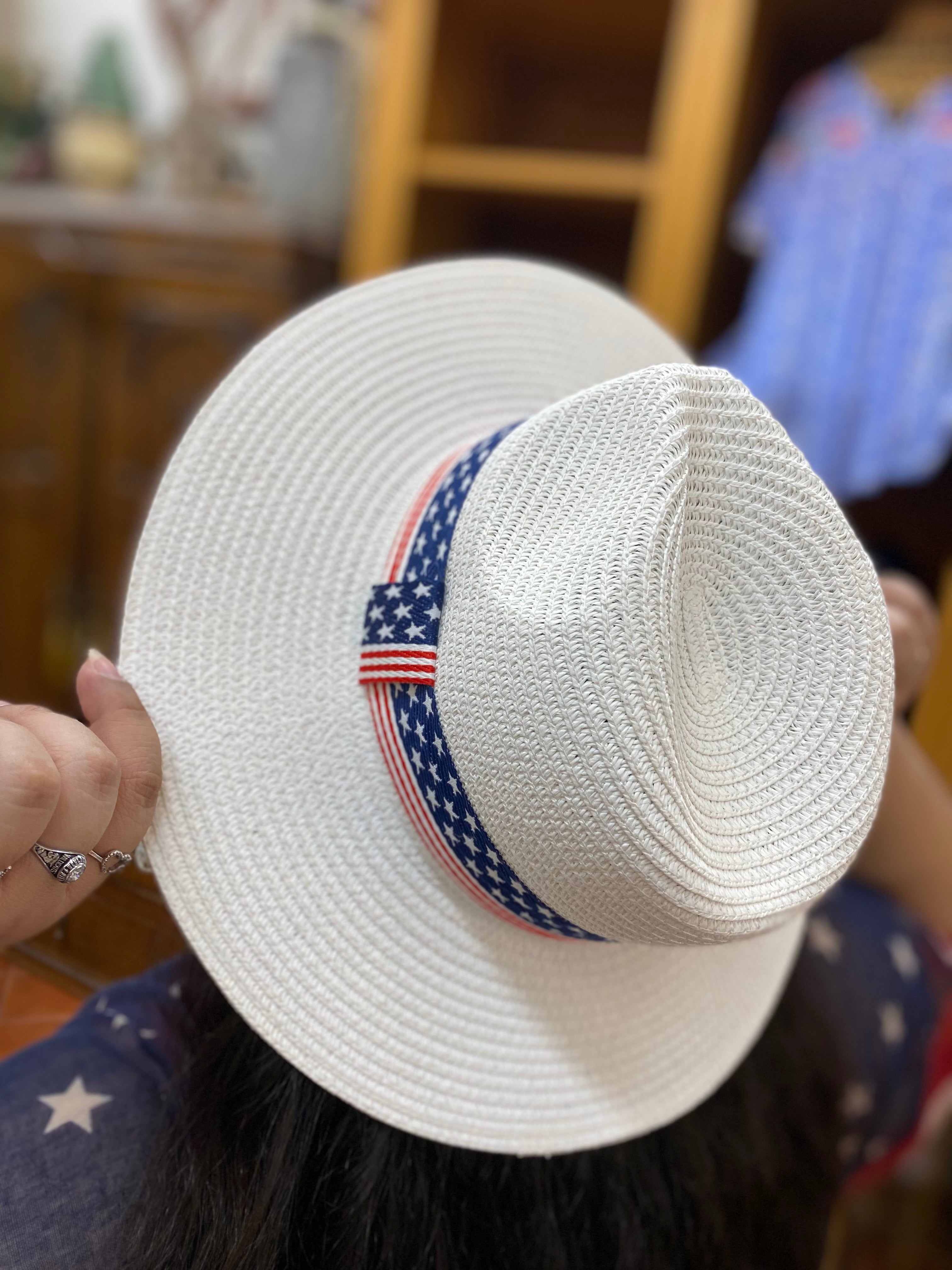 White Straw Hat w/ Patriotic Hat Band