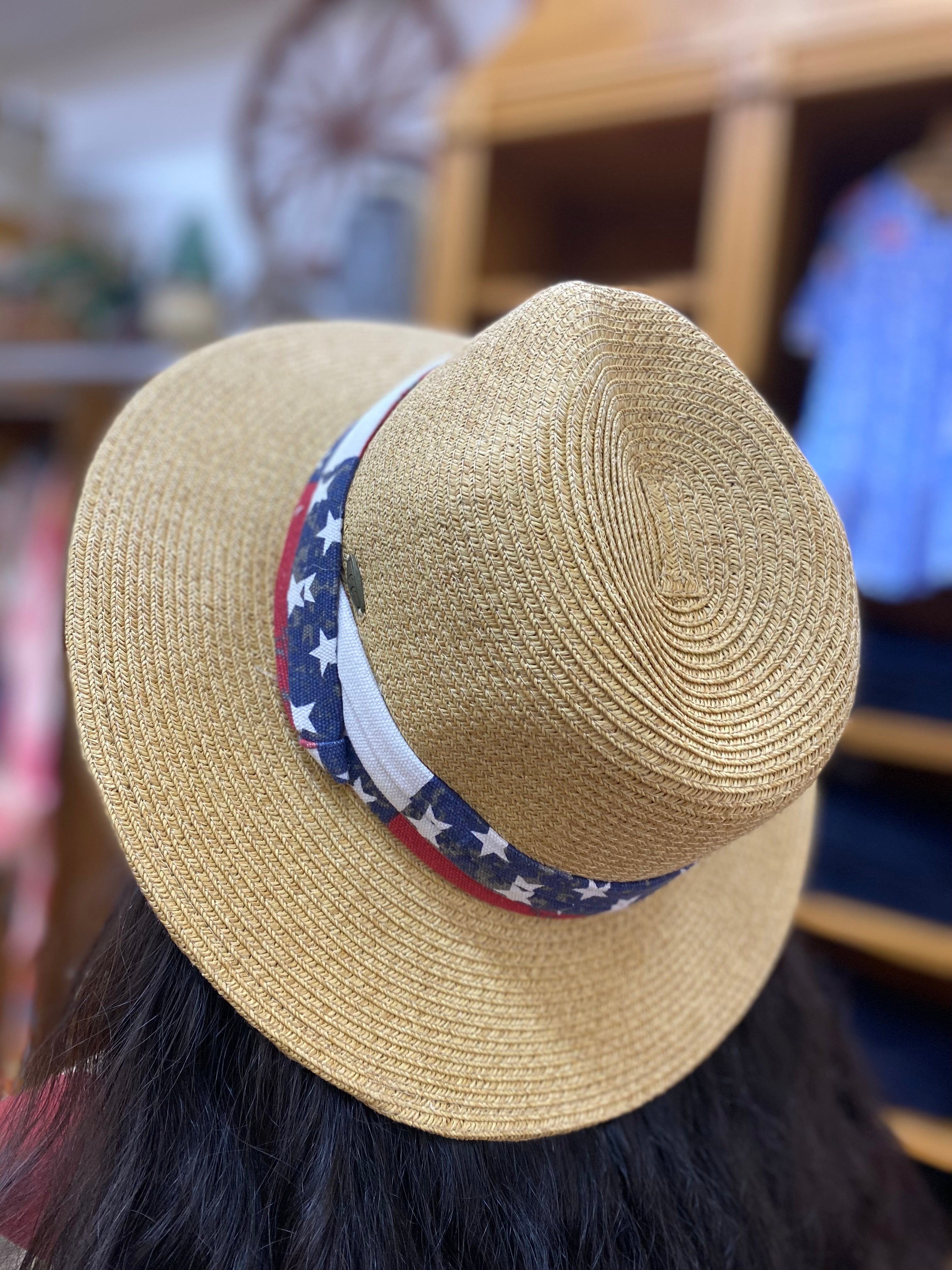 Tan Straw Hat w/Vintage Americana Hat Band